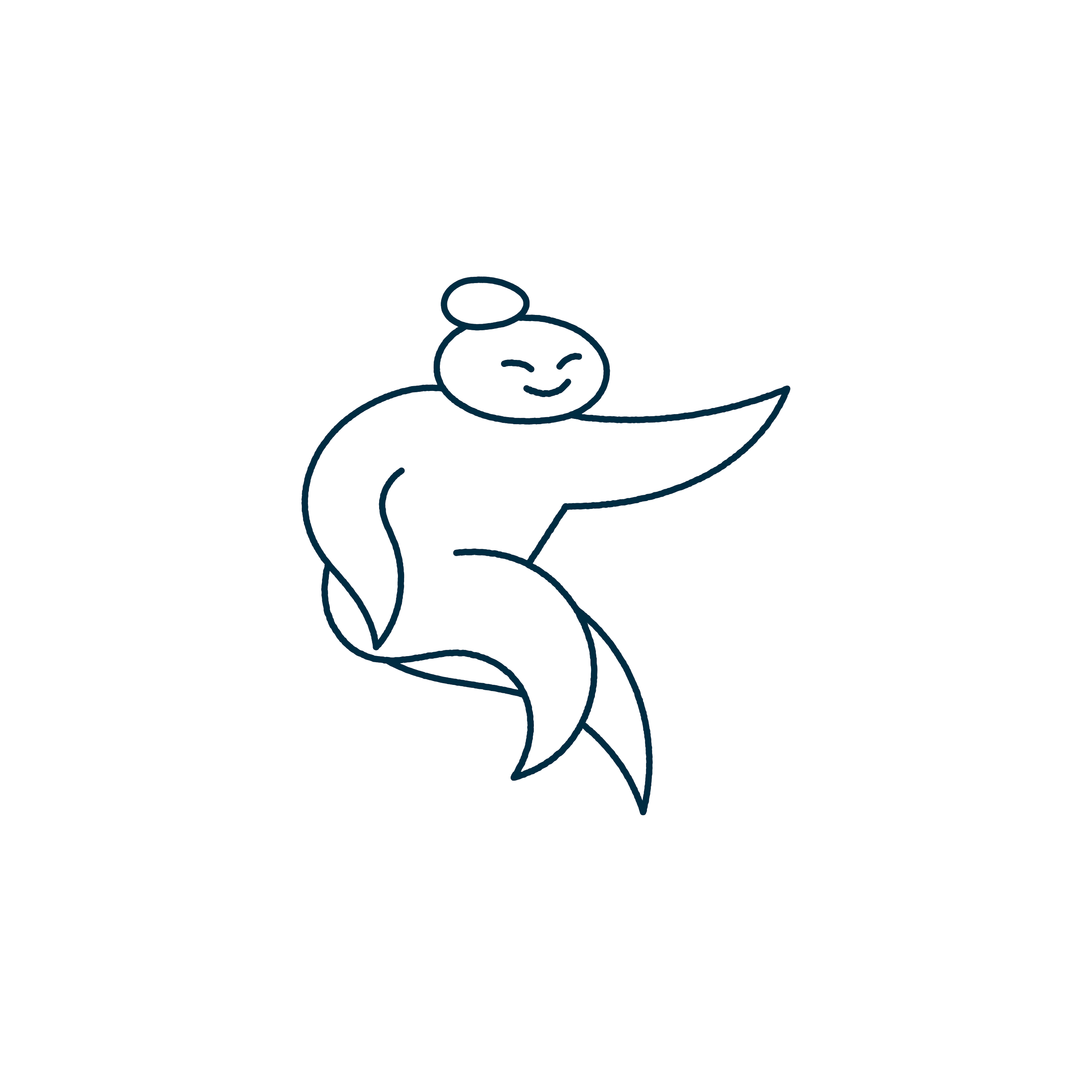 Line drawing of a smiling cartoon star person with an inviting hand, offering an openness to connect with you to elaborate potential collaboration on strategy and organizational transformation. Or simply starting with a coffee.