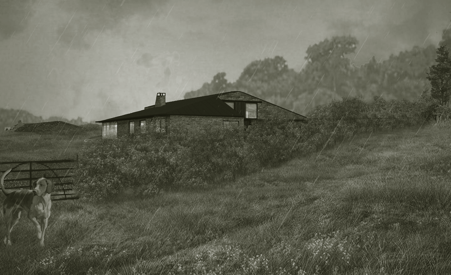 A house on a hillside during rain with a dog pulling a cart in the foreground.