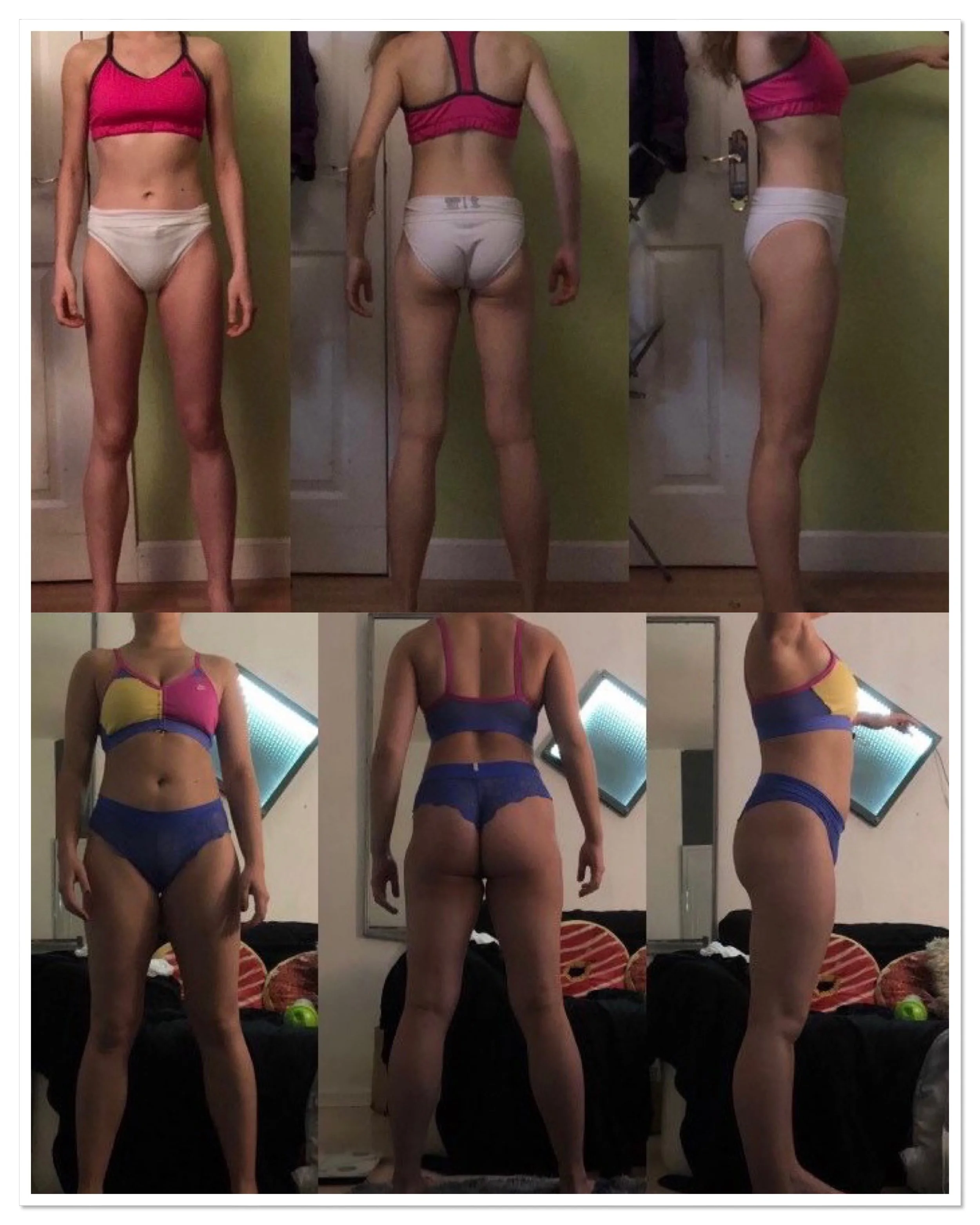 A collage of six photos showing a woman's body transformation from different angles, with before and after pictures highlighting body changes.