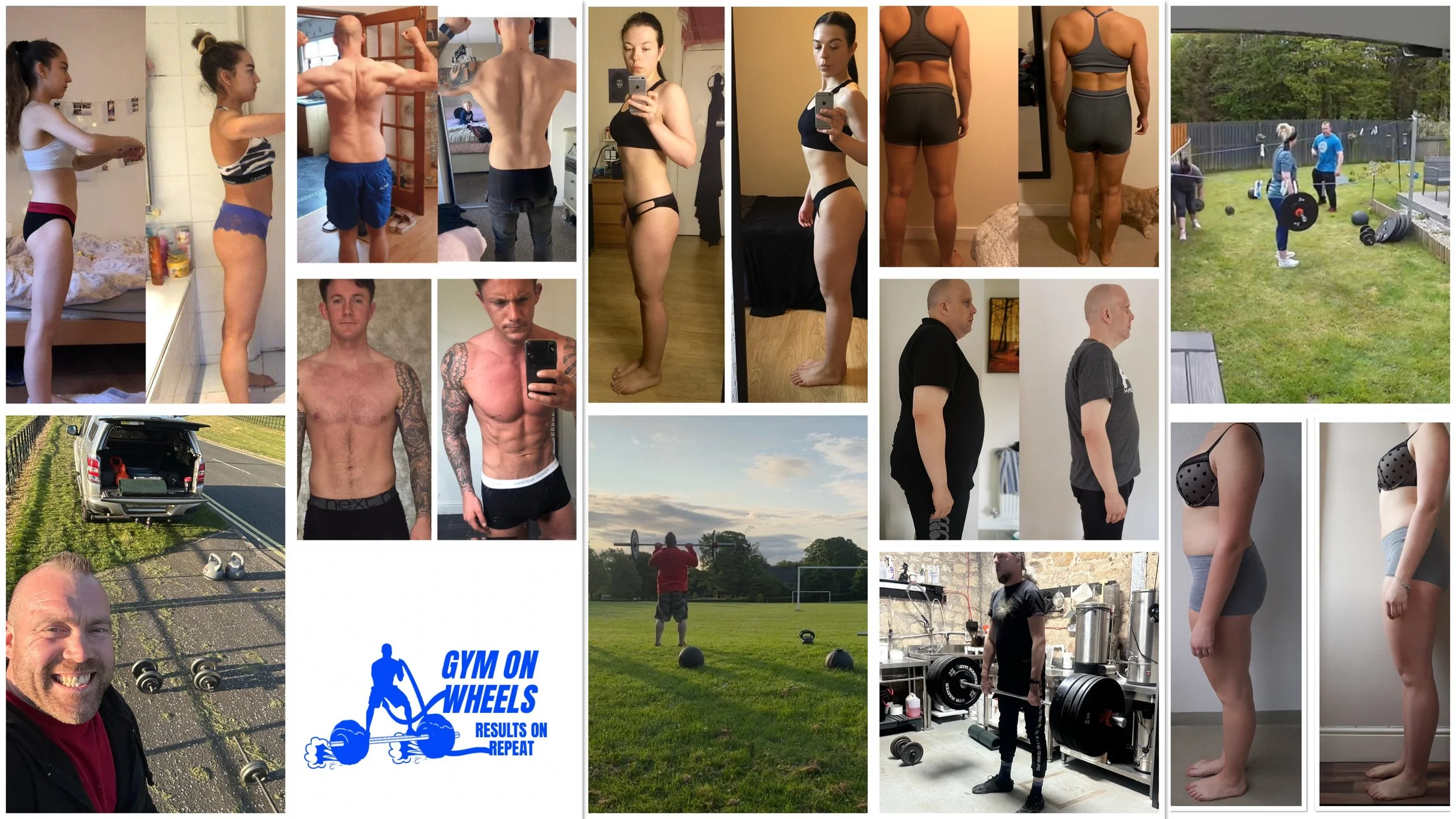 A collage of fitness progress photos, gym activities, outdoor weightlifting, running, and a motivational logo reading 'Gym on Wheels: Results on Repeat'.