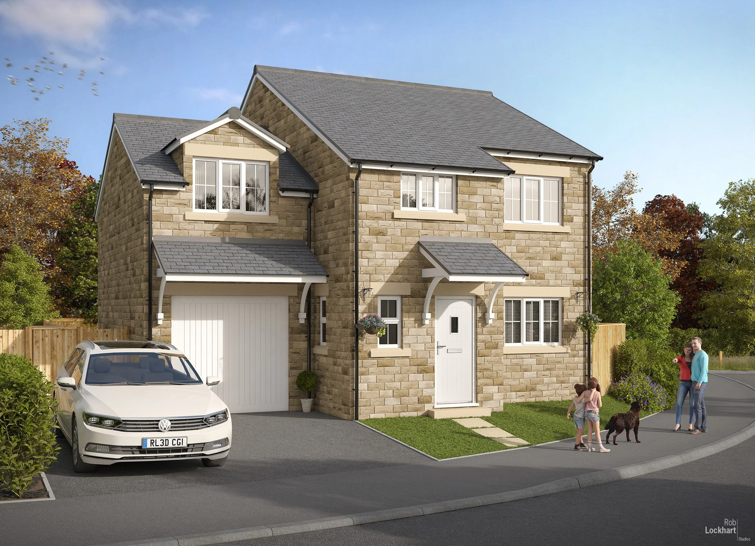 A two-story brick house with a gray tiled roof, front yard, and driveway. A white Volkswagen car is parked in the driveway. There are two children and two adults, a man and woman, with a dog, standing near the sidewalk. The backdrop features trees wi