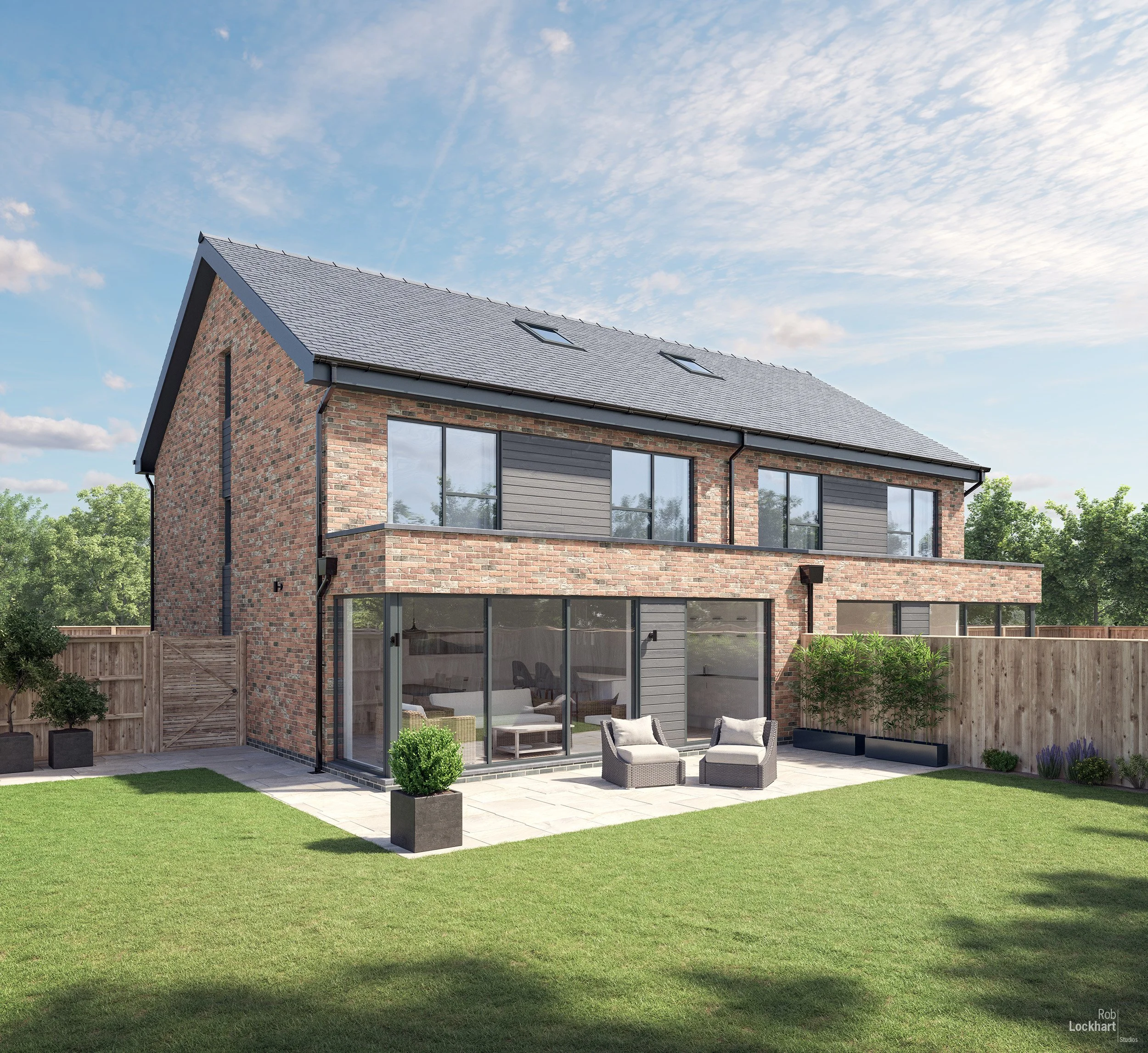 Modern brick house with large windows, a patio with outdoor seating, and a well-kept lawn, surrounded by a wooden fence and greenery.