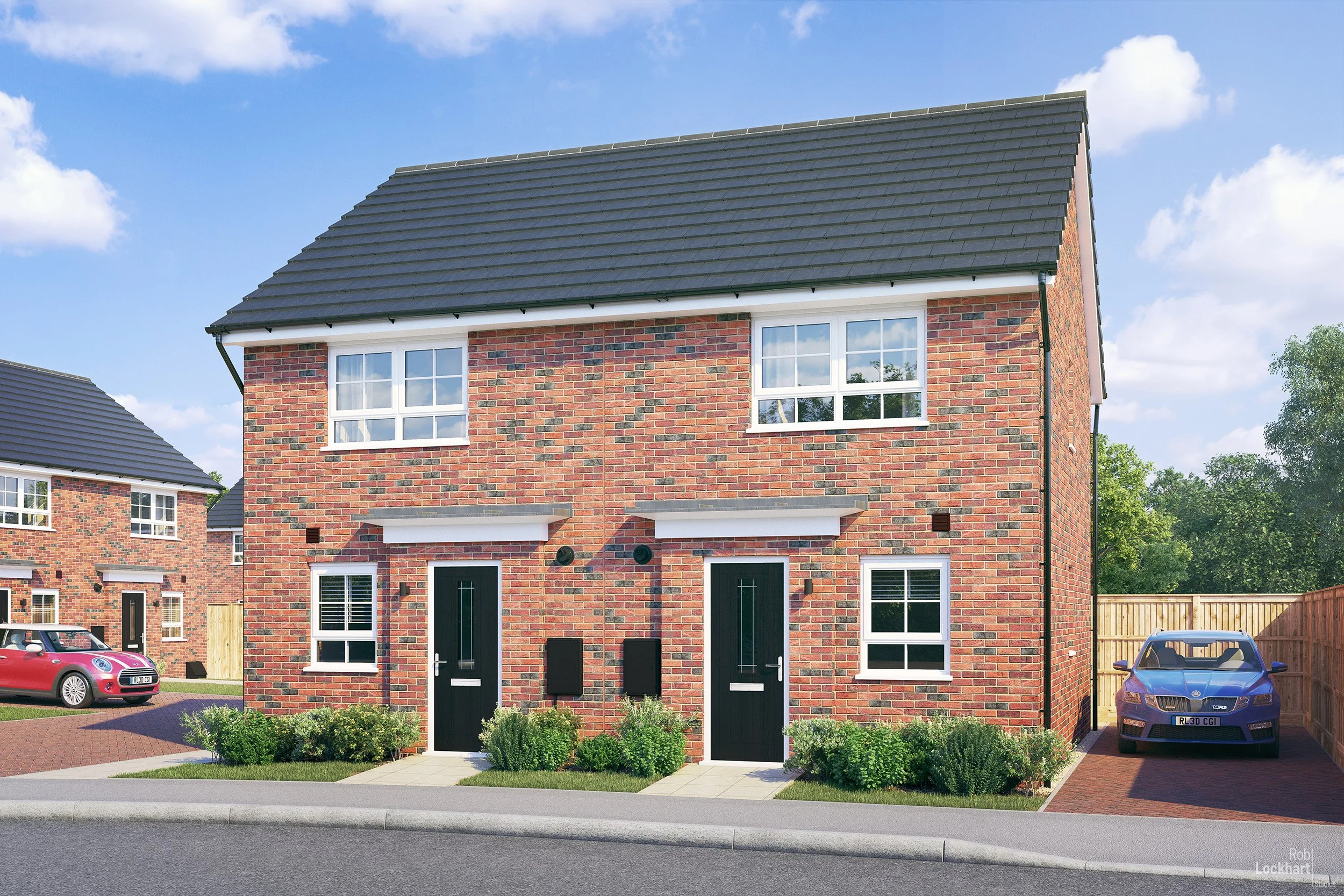 Two modern brick houses with black doors, white window frames, a driveway with a red car and a blue car, adjacent to a wooden fence and landscaped lawns under a partly cloudy sky.