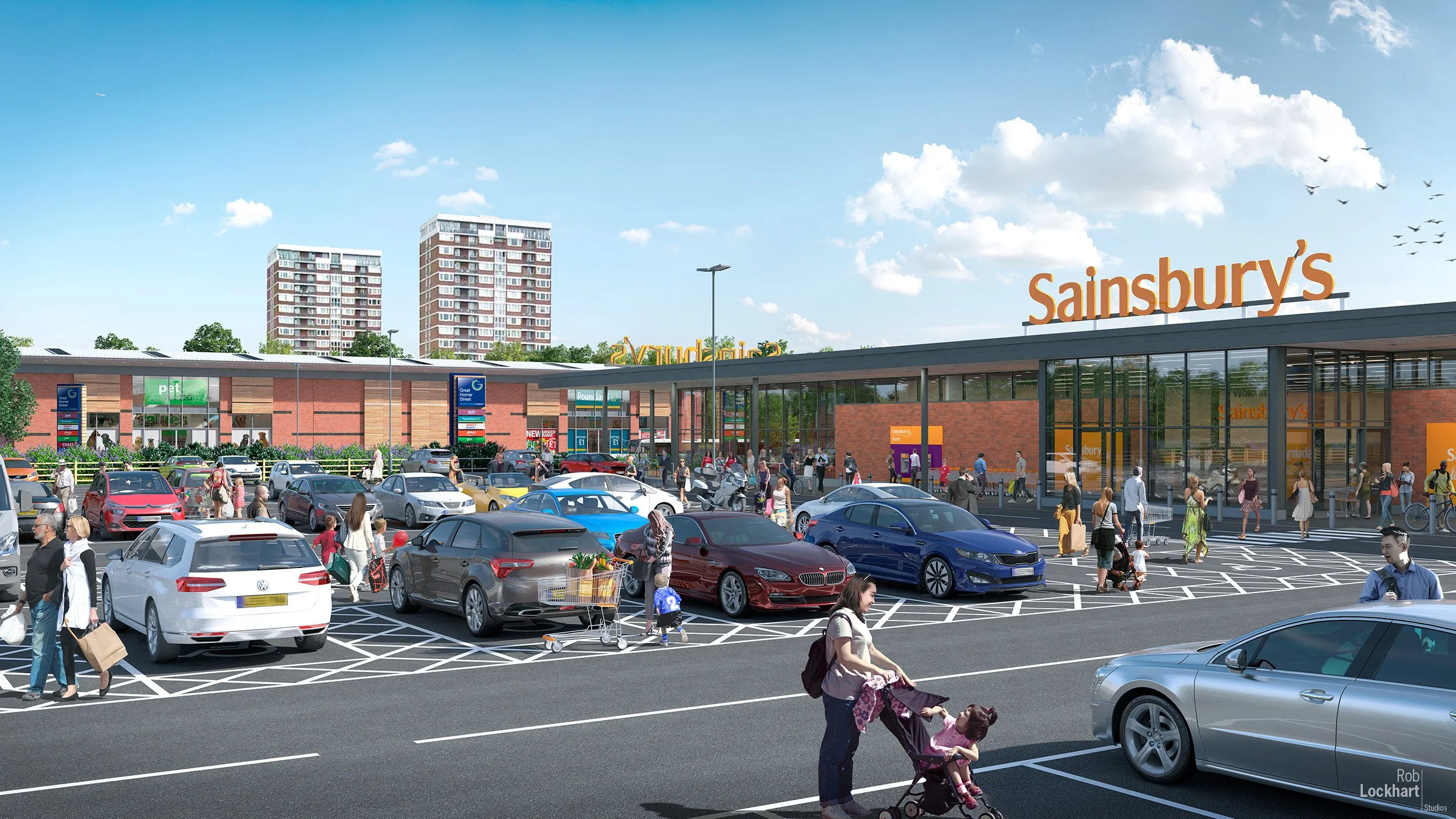 Parking lot filled with cars outside Sainsbury's supermarket on a sunny day, with people walking, shopping, and children playing.