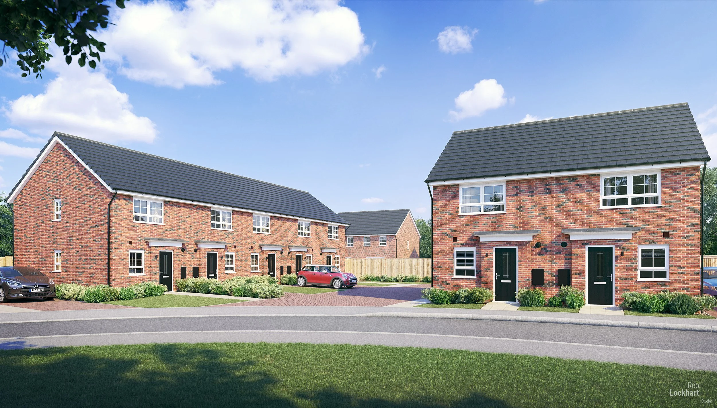 A neighborhood with brick houses, some with pitched roofs, cars parked along the street, and well-maintained lawns under a partly cloudy sky.
