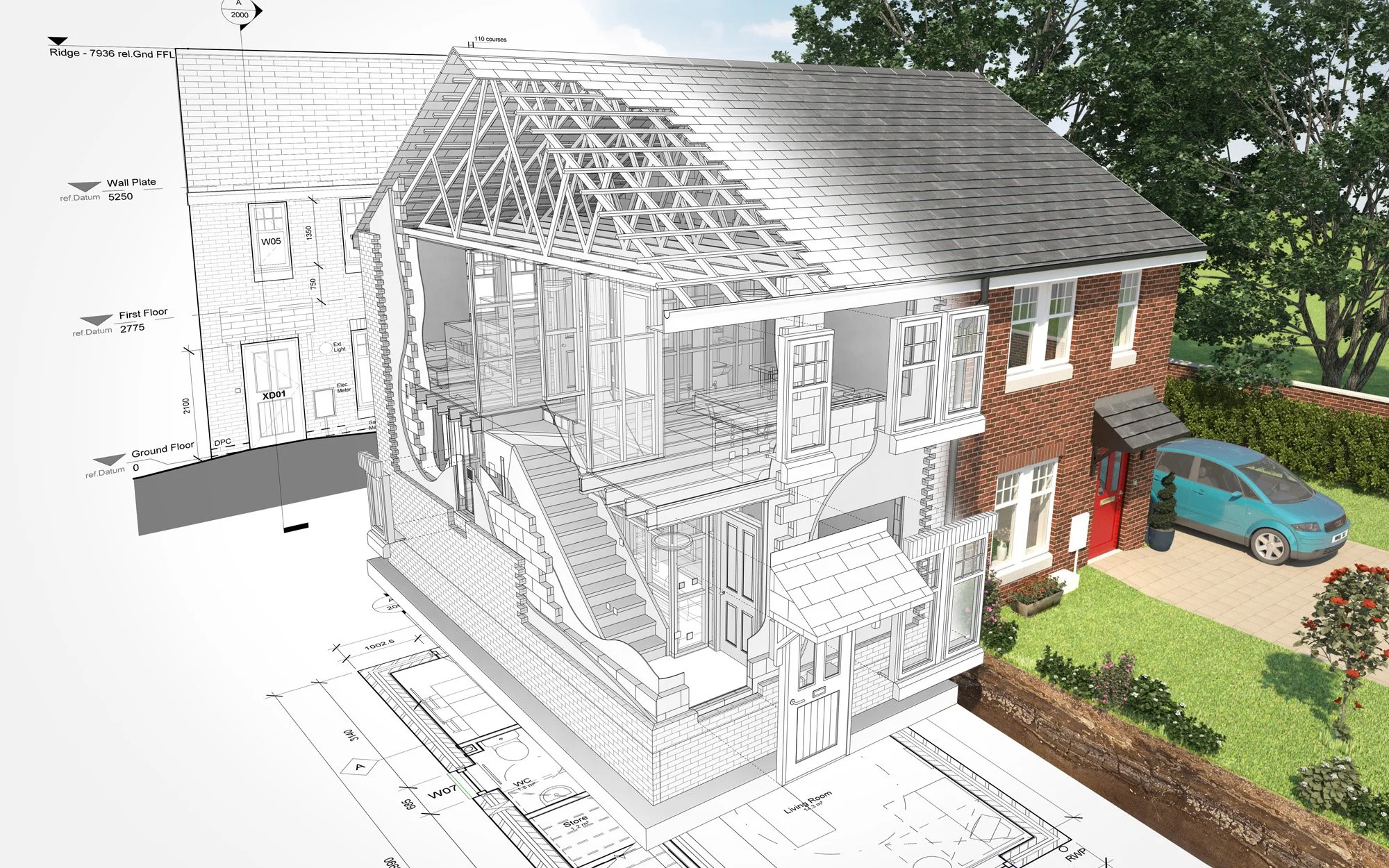 A 3D rendering of a house construction plan overlaying a photo of a finished brick house with a garden and driveway.