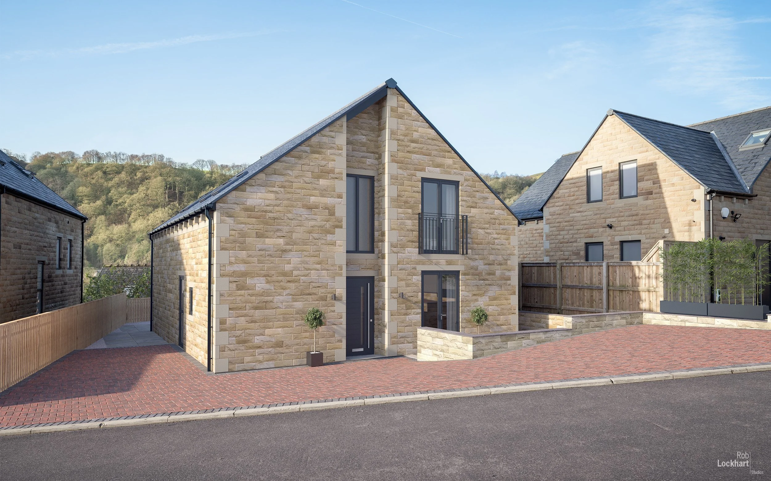 Modern two-story house with beige brick exterior, black front door, large windows, small balcony, and landscaped front yard with potted plants, situated along a red brick sidewalk with a neighboring house and a hillside in the background.