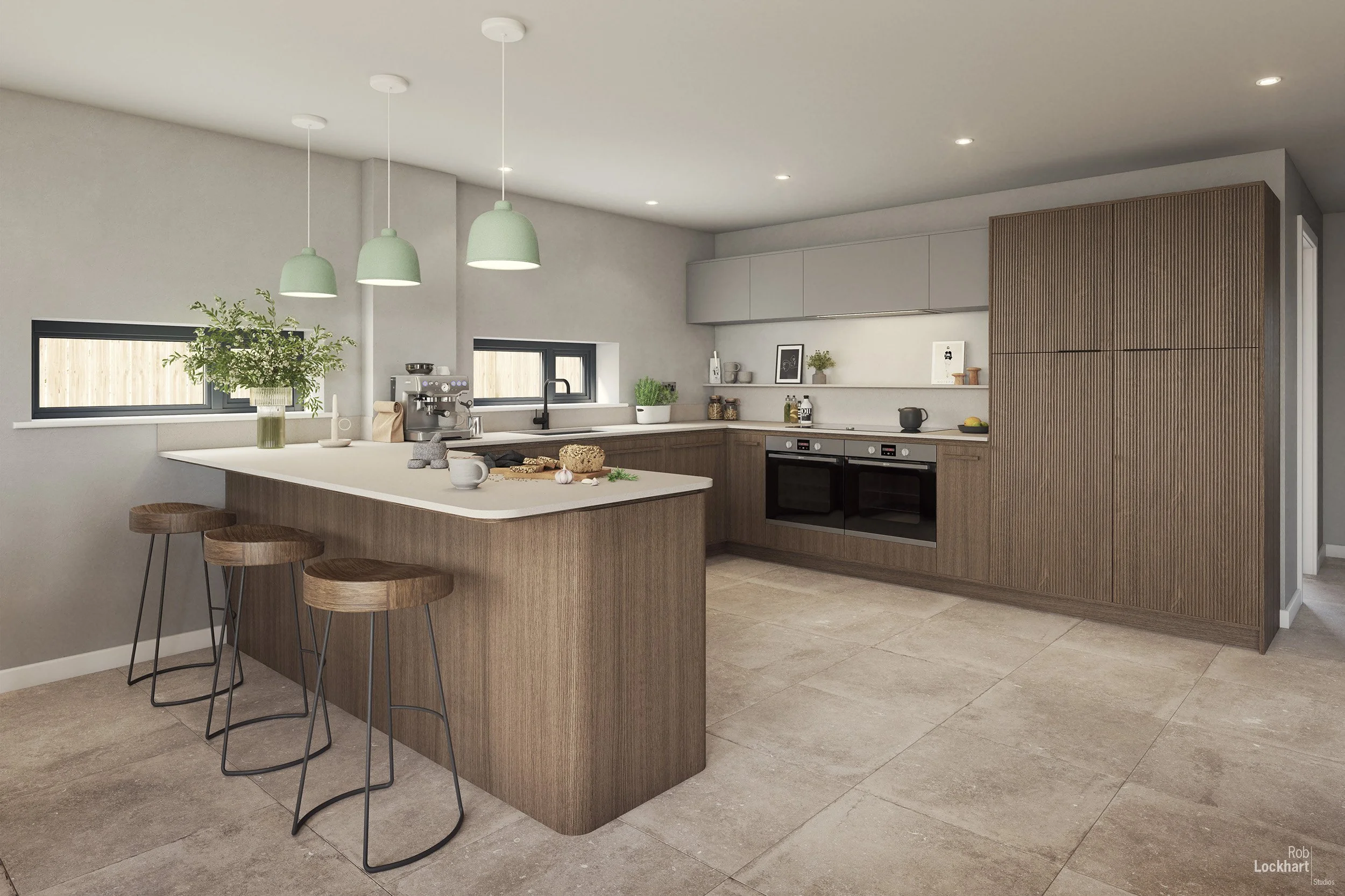 Modern kitchen with wooden cabinetry, white countertops, bar stools at an island, pendant lights, and built-in appliances.