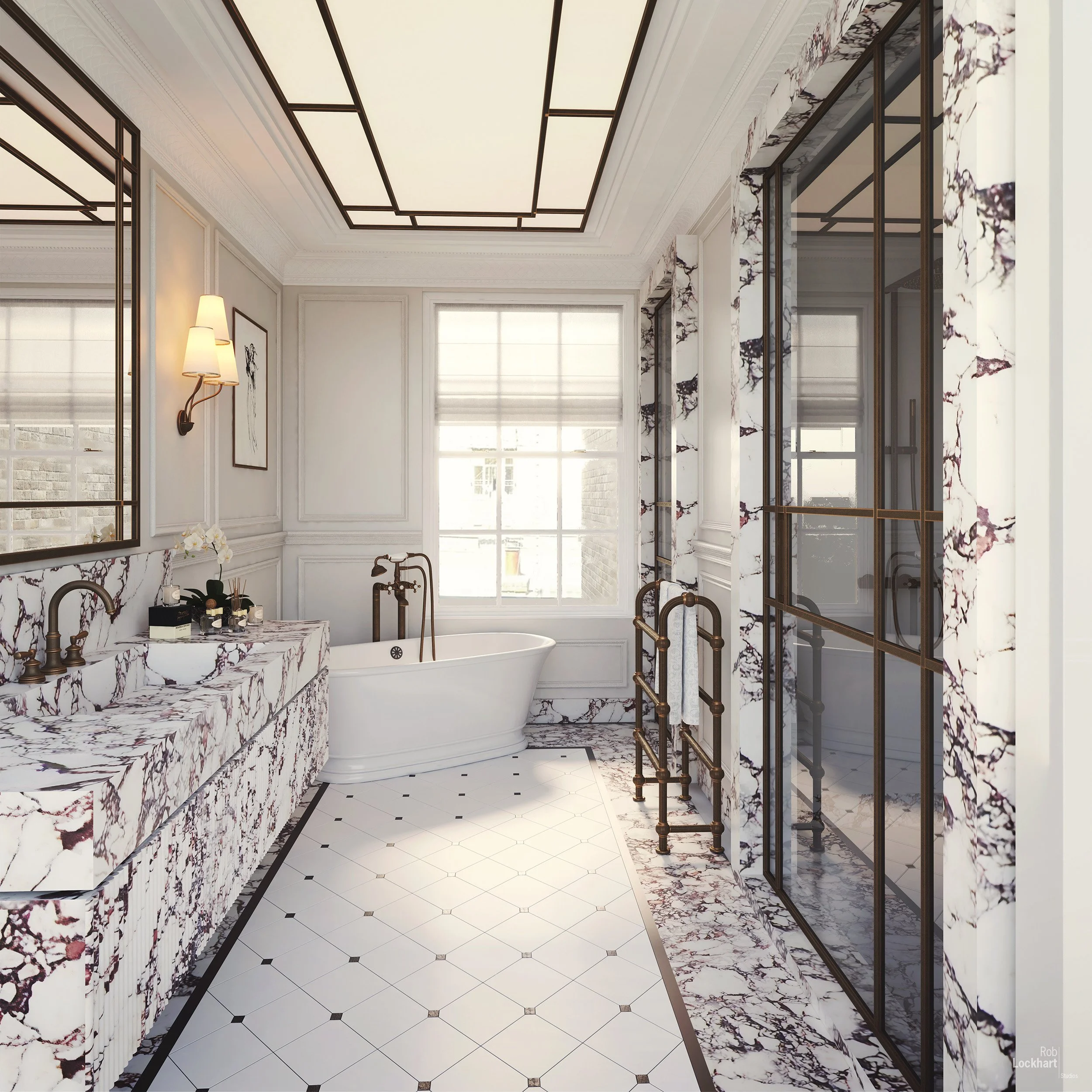 Luxurious bathroom with white and marble decor, double sink vanity, clawfoot bathtub, large windows, and a glass-enclosed shower.