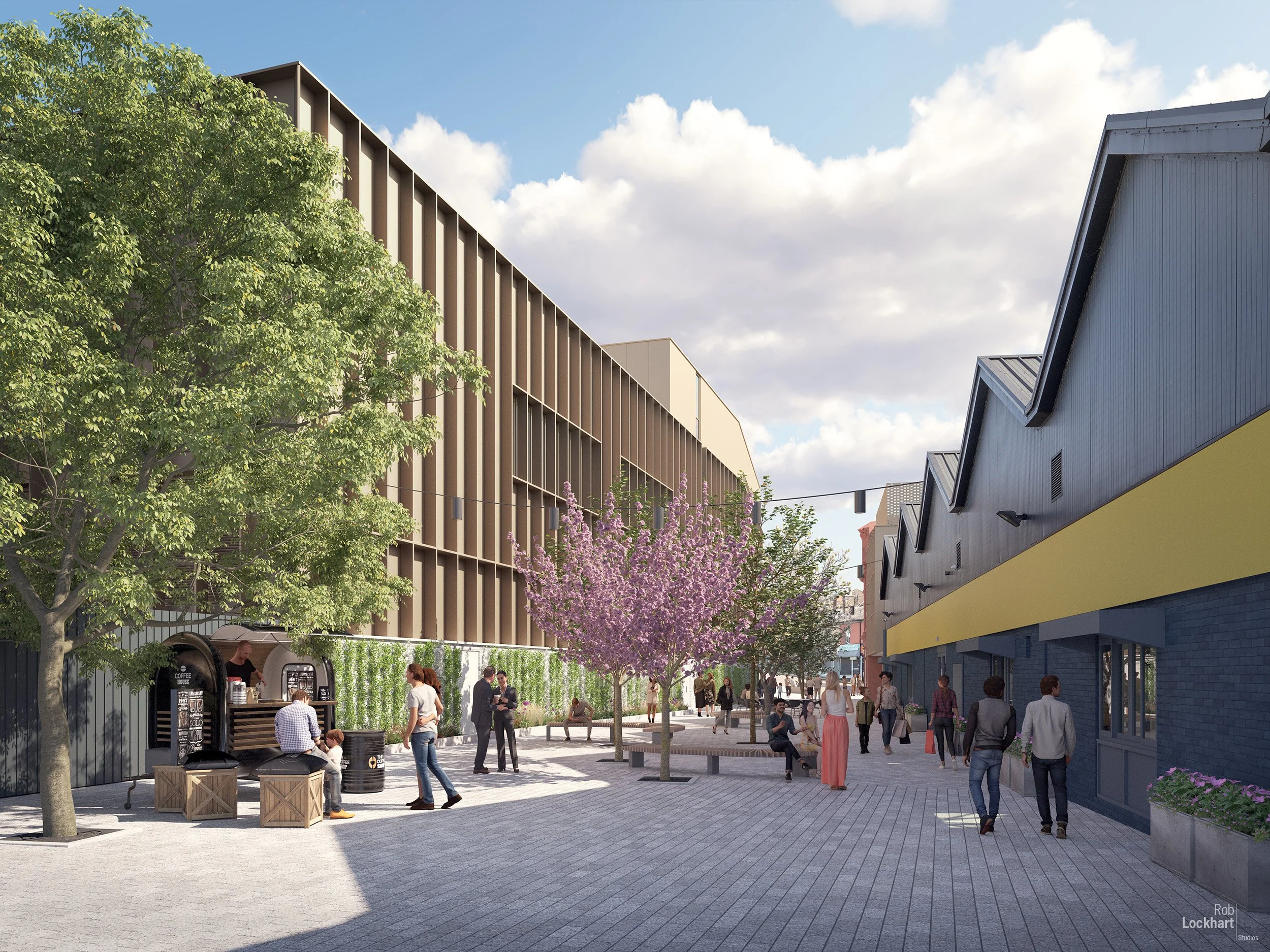 Urban outdoor shopping or dining area with people walking, sitting, and socializing, trees with pink blossoms, modern buildings, and clear skies.