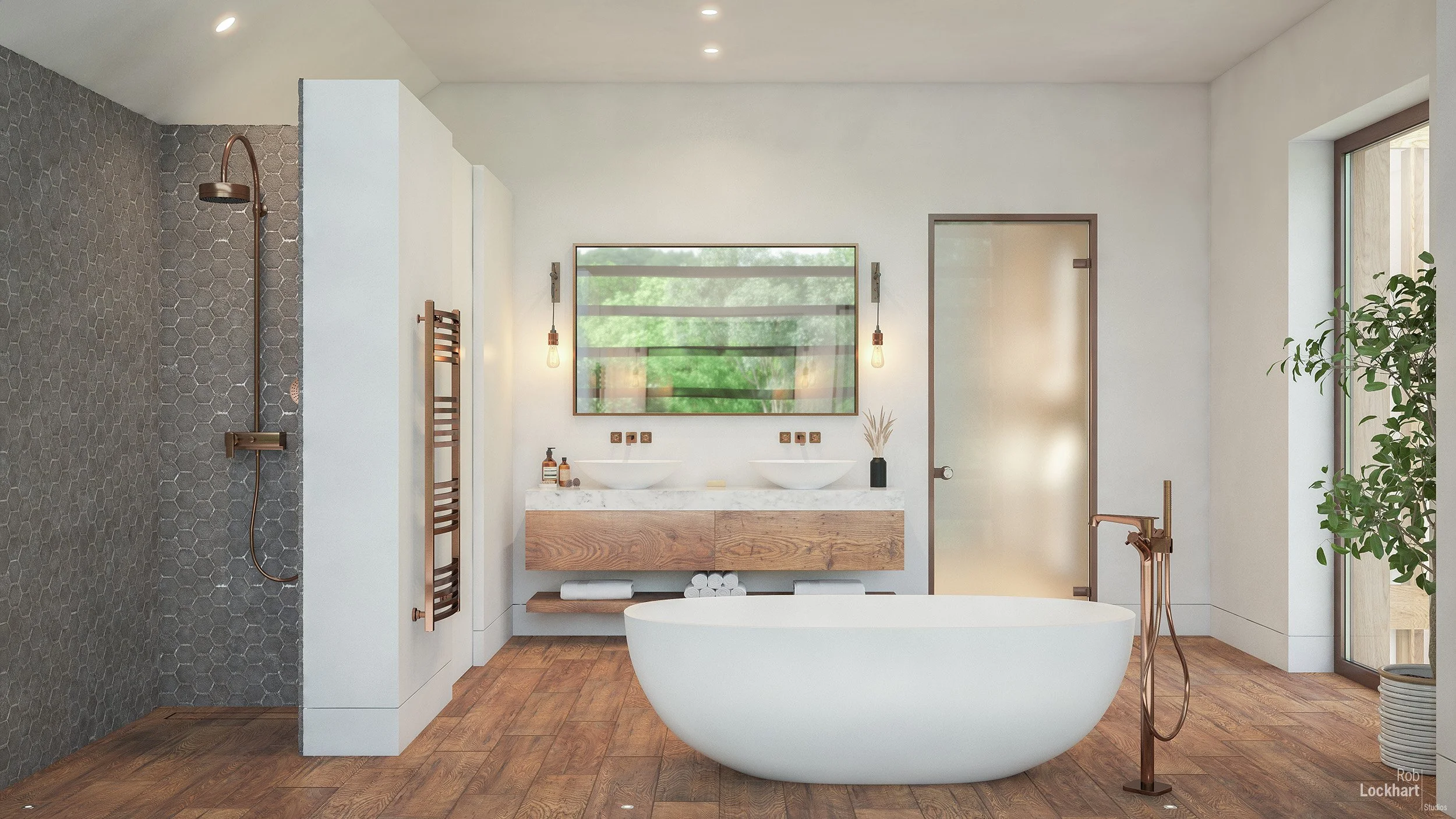 Modern bathroom with freestanding bathtub, double vanity with two vessel sinks, large mirror, wood accents, walk-in shower with gray hexagonal tiles, wooden floors, large window with greenery outside, and minimal decor.