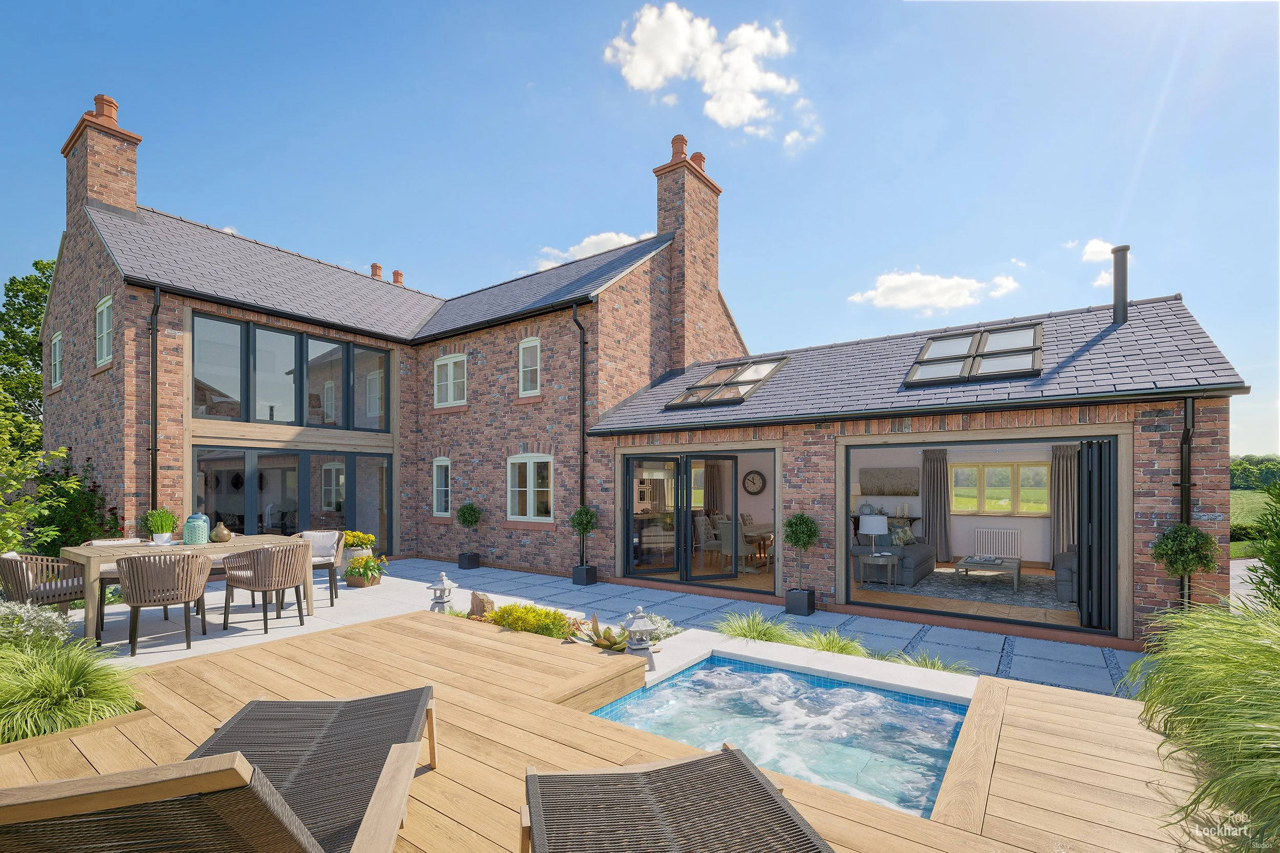 Modern brick house with large windows, outdoor patio, hot tub, and a wooden deck under a blue sky.