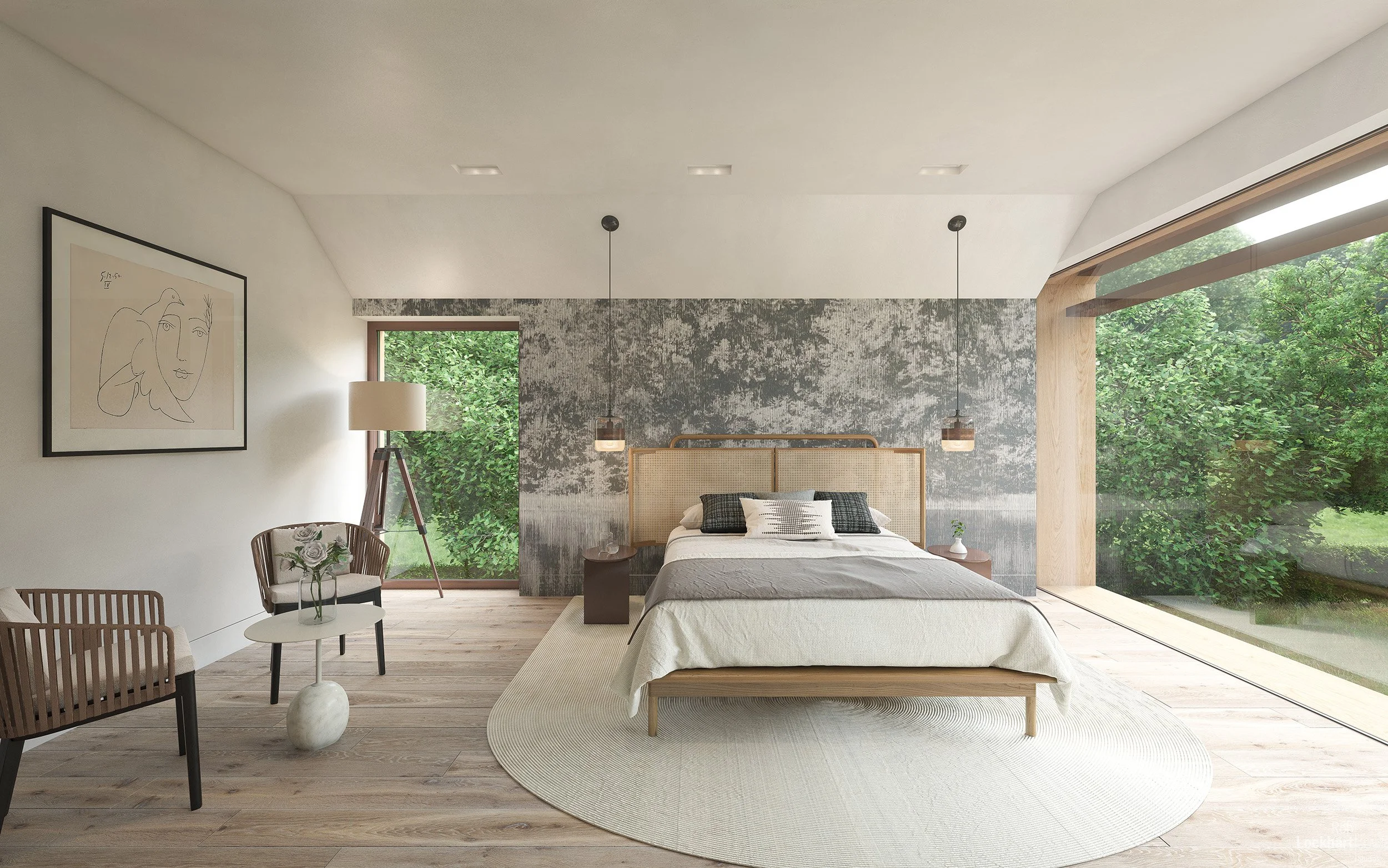Modern bedroom with large window showing greenery outside, light-colored wood flooring, minimal decor, simple bed with neutral bedding, and artwork on the wall.