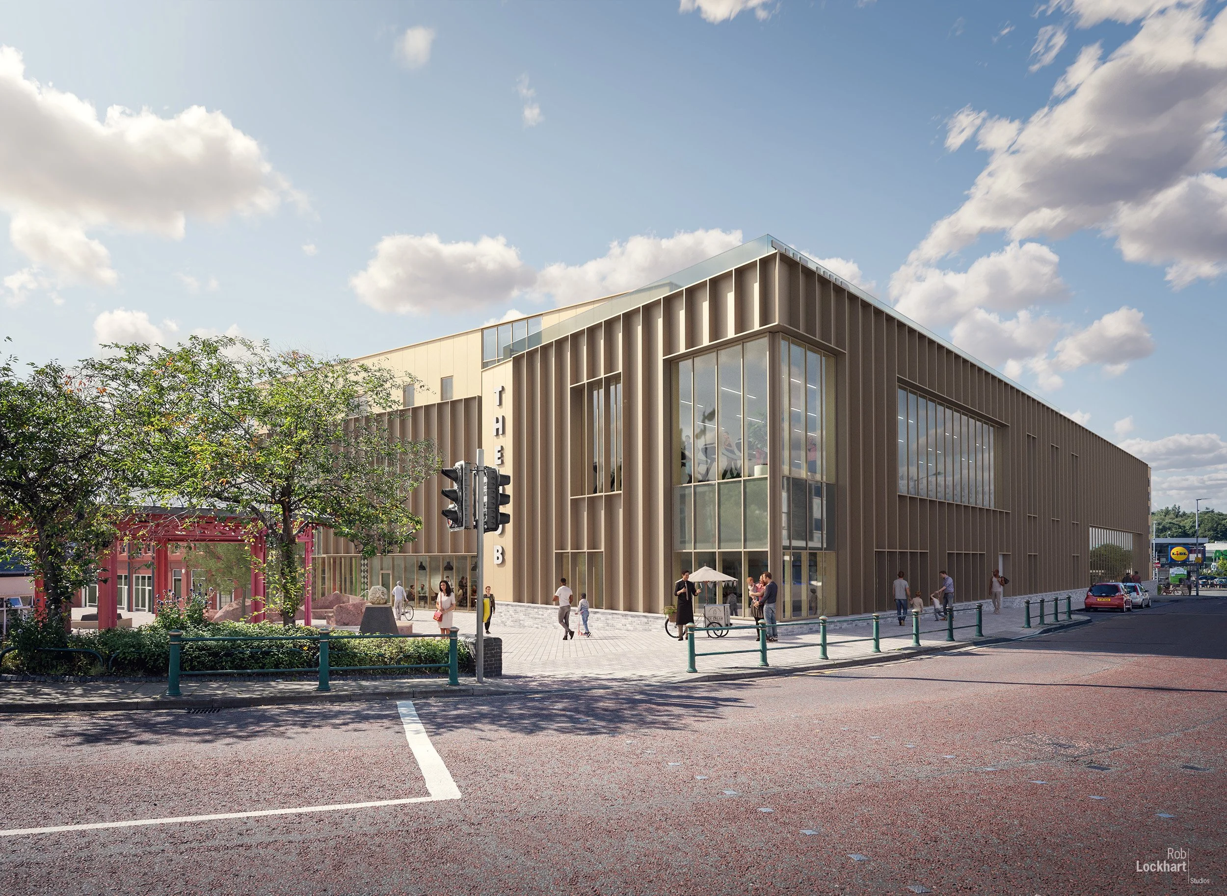 Modern two-story building with large glass windows and vertical wooden slats, situated on a city street corner with pedestrians and cars, under a partly cloudy sky.