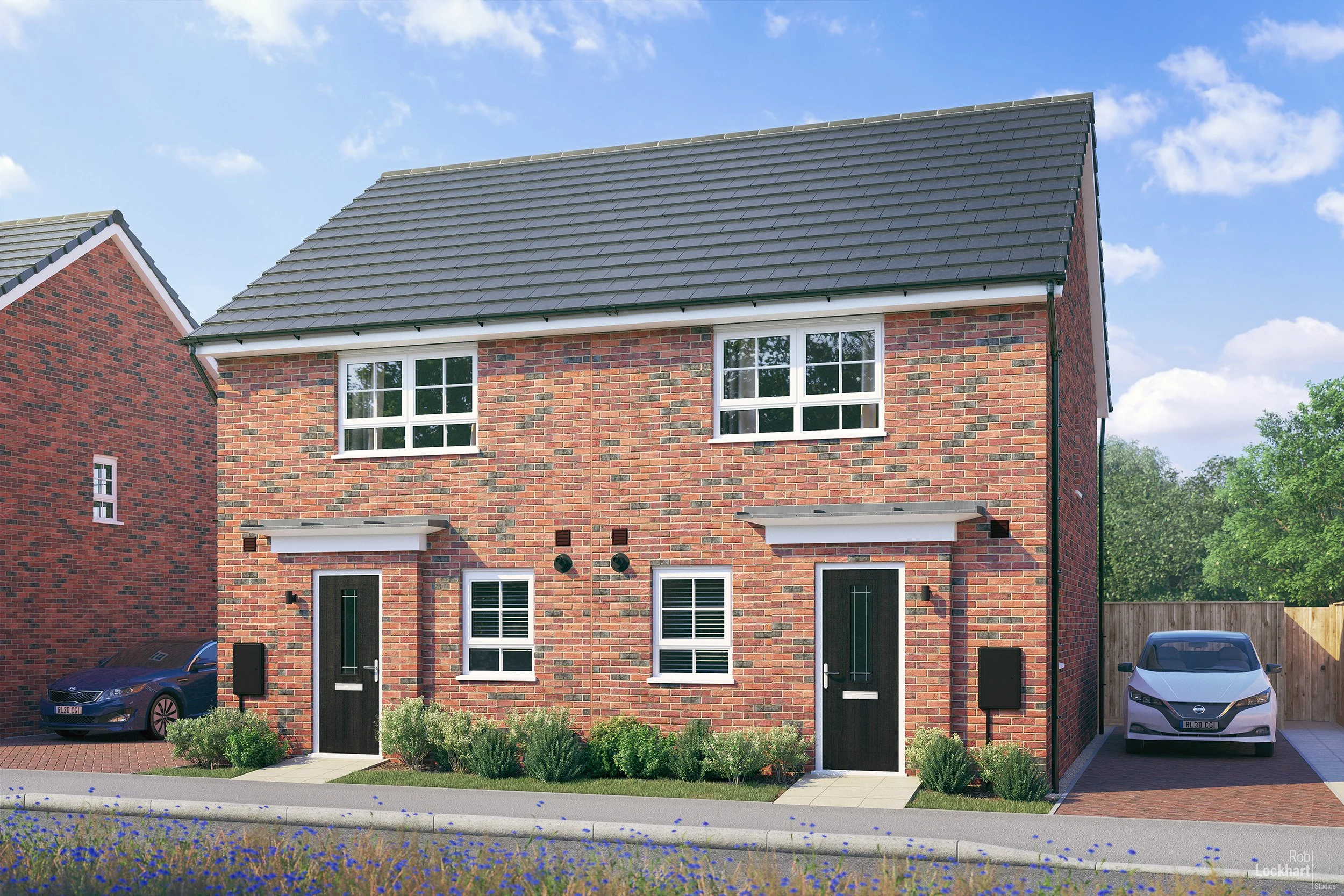 A new brick duplex house with two stories, two front doors, and two cars parked on each side of the driveway, with a small garden and clear blue sky.