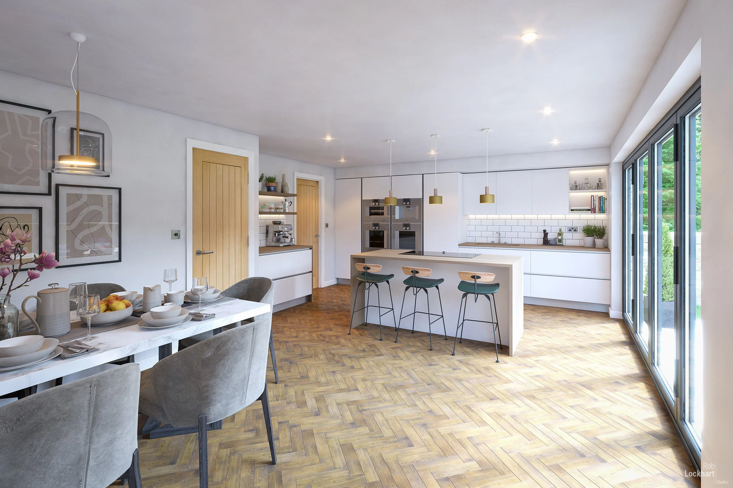 Modern open-concept kitchen and dining area with hardwood floors, white cabinetry, a kitchen island with bar stools, and large sliding glass doors opening to outdoor greenery.