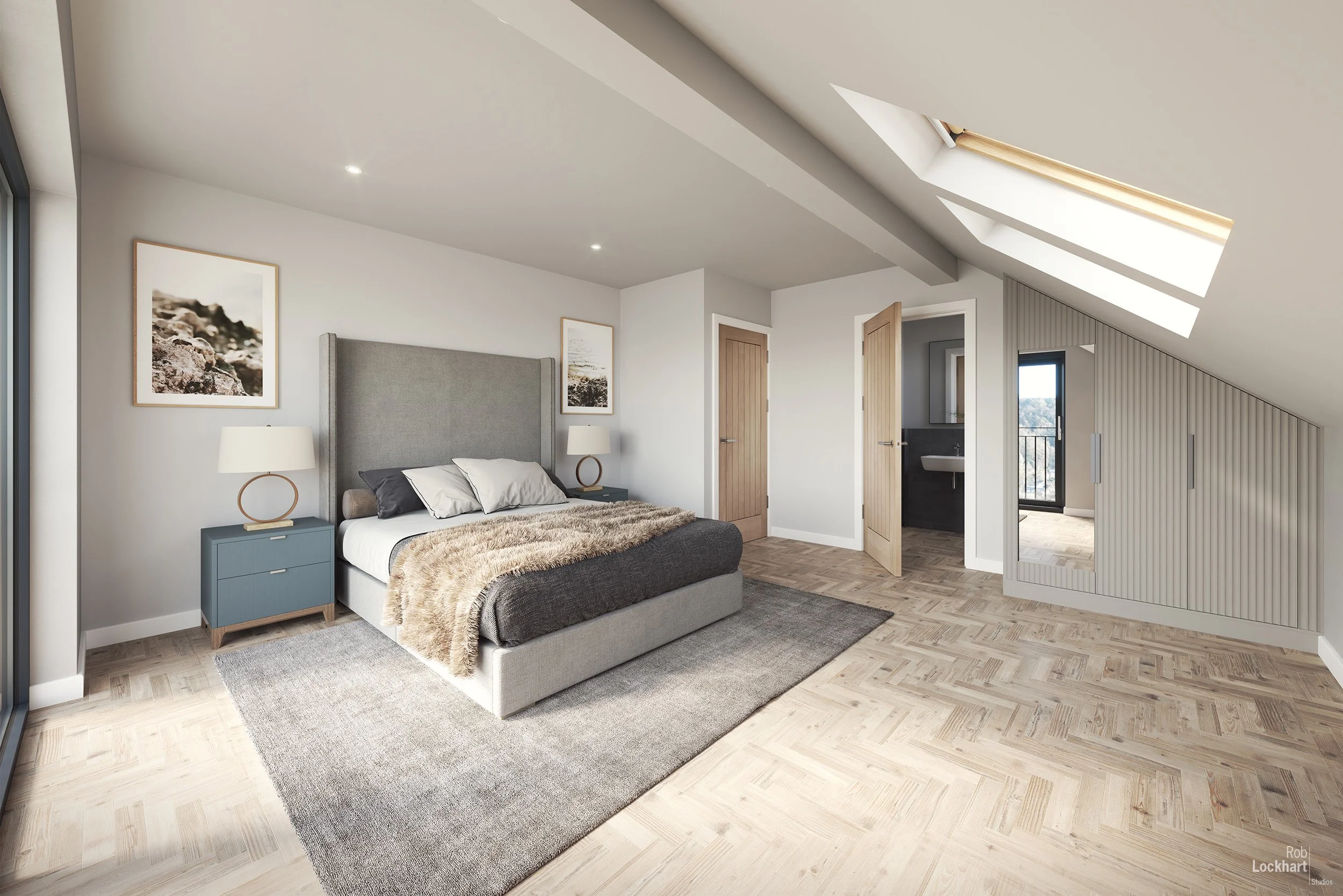 Modern bedroom with a bed, two nightstands with lamps, framed artwork, and a coastal view outside through windows and a door.