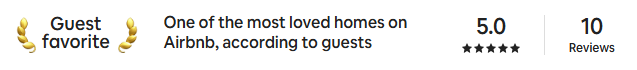 Guest favorite badge with a quote about a highly loved Airbnb home, rated 5.0 stars based on 10 reviews.