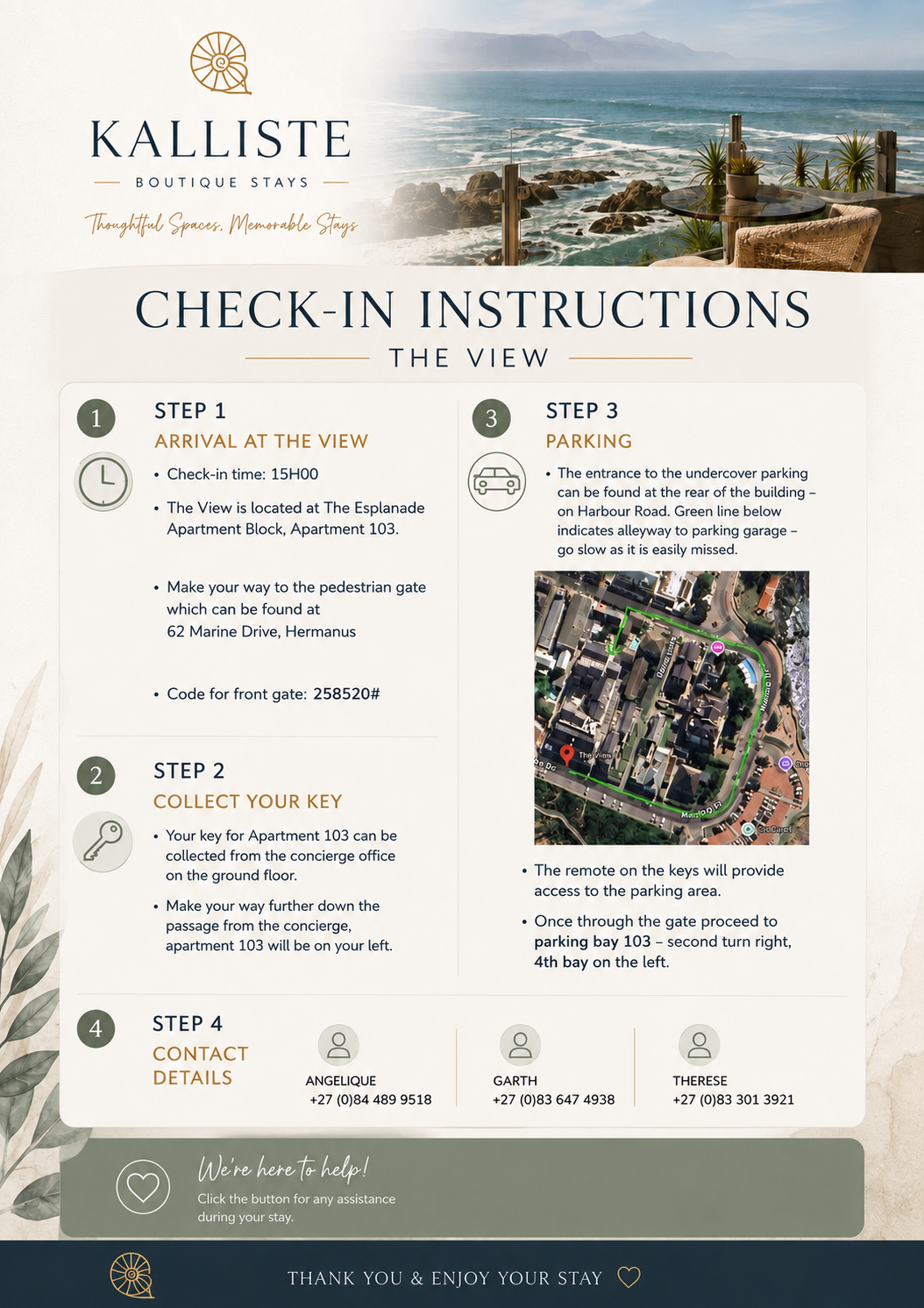 Check-in instructions for The View at Kalliste Boutique Stays, featuring steps for arrival, key collection, parking, and contact details, with a background image of an ocean view outdoor terrace with tables, chairs, and plants.