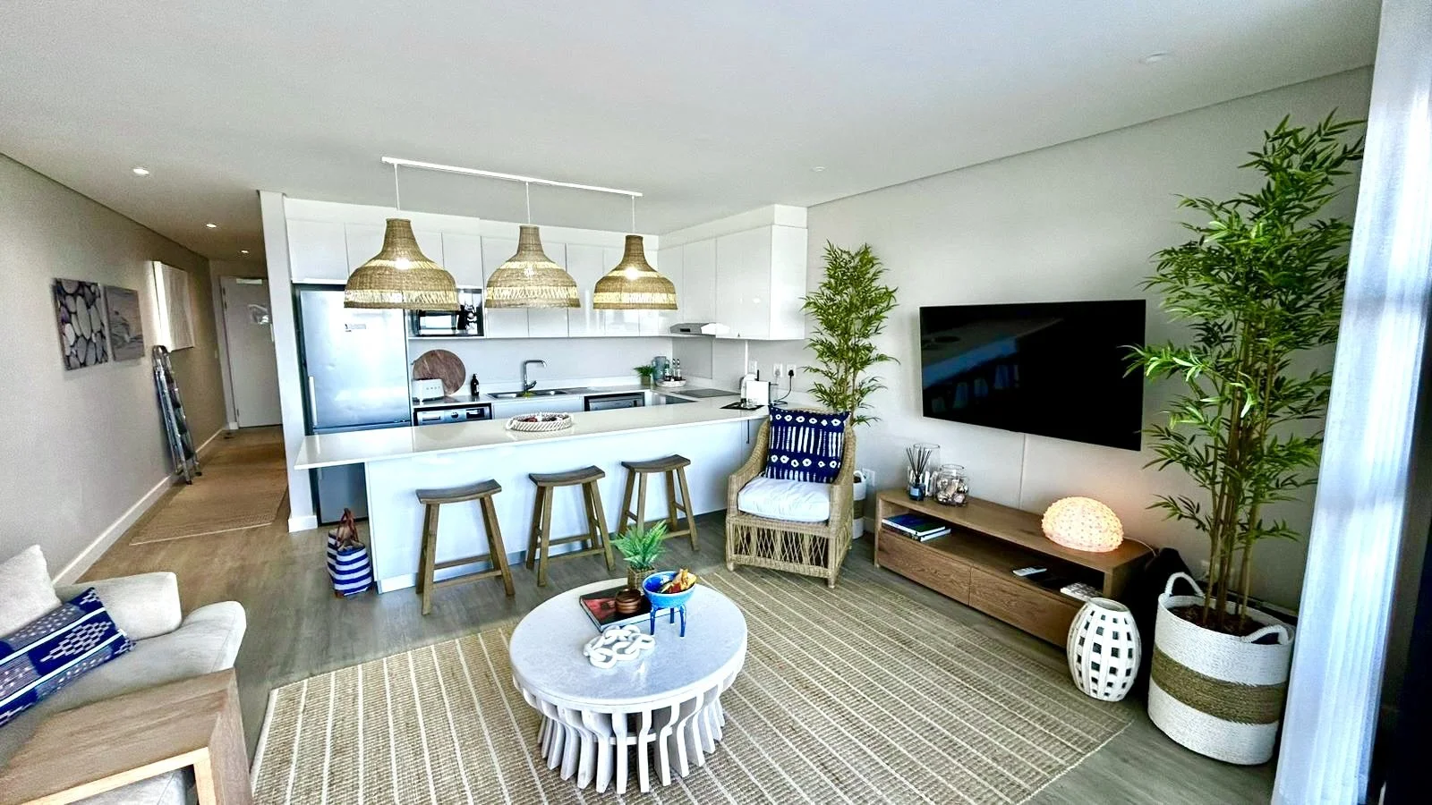 View into lounge and kitchen from the private patio at The View, self-catering apartment