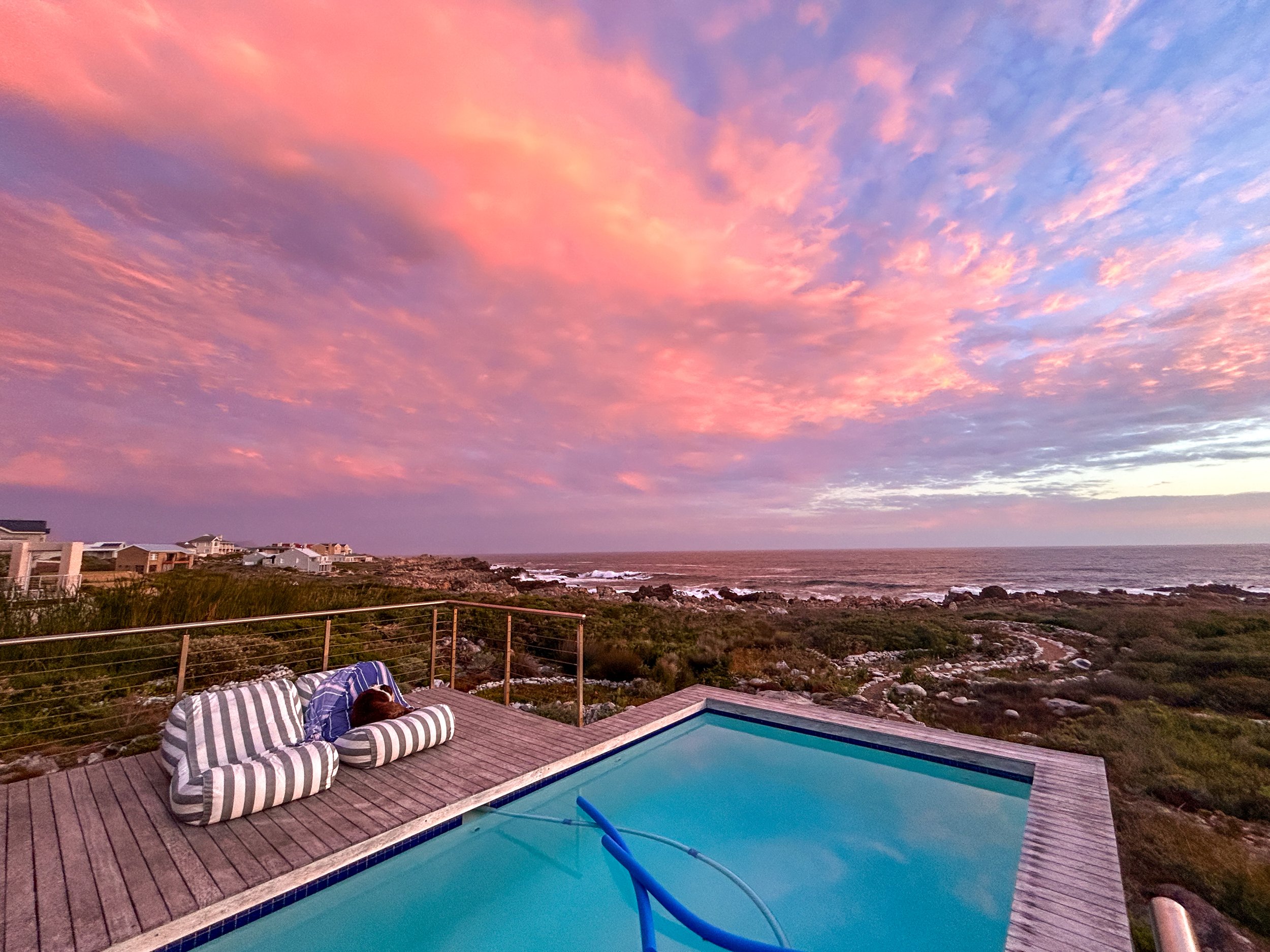 A swimming pool with a blue pool cleaning net in foreground, overlooking the ocean during sunset with colorful pink and purple clouds, surrounded by a wooden deck and outdoor furniture.