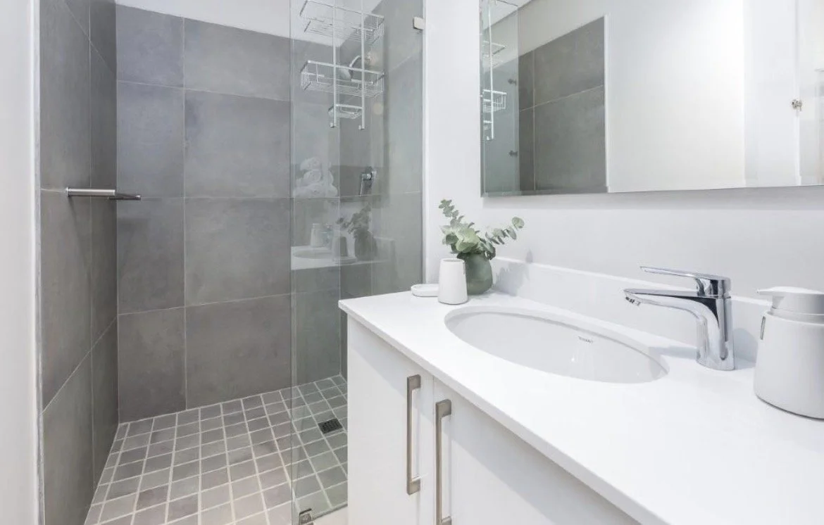 Modern bathroom with white vanity, large mirror, gray tile shower with glass door, and a potted plant on the sink counter.