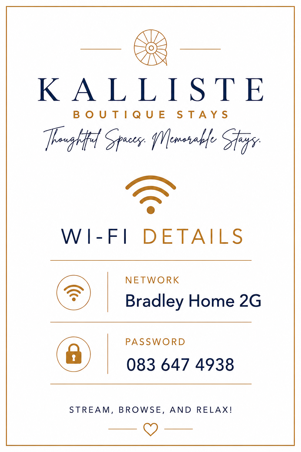 Sign with Wi-Fi network name Bradley Home 2G, password 083 647 4938, and message stream, browse, and relax.