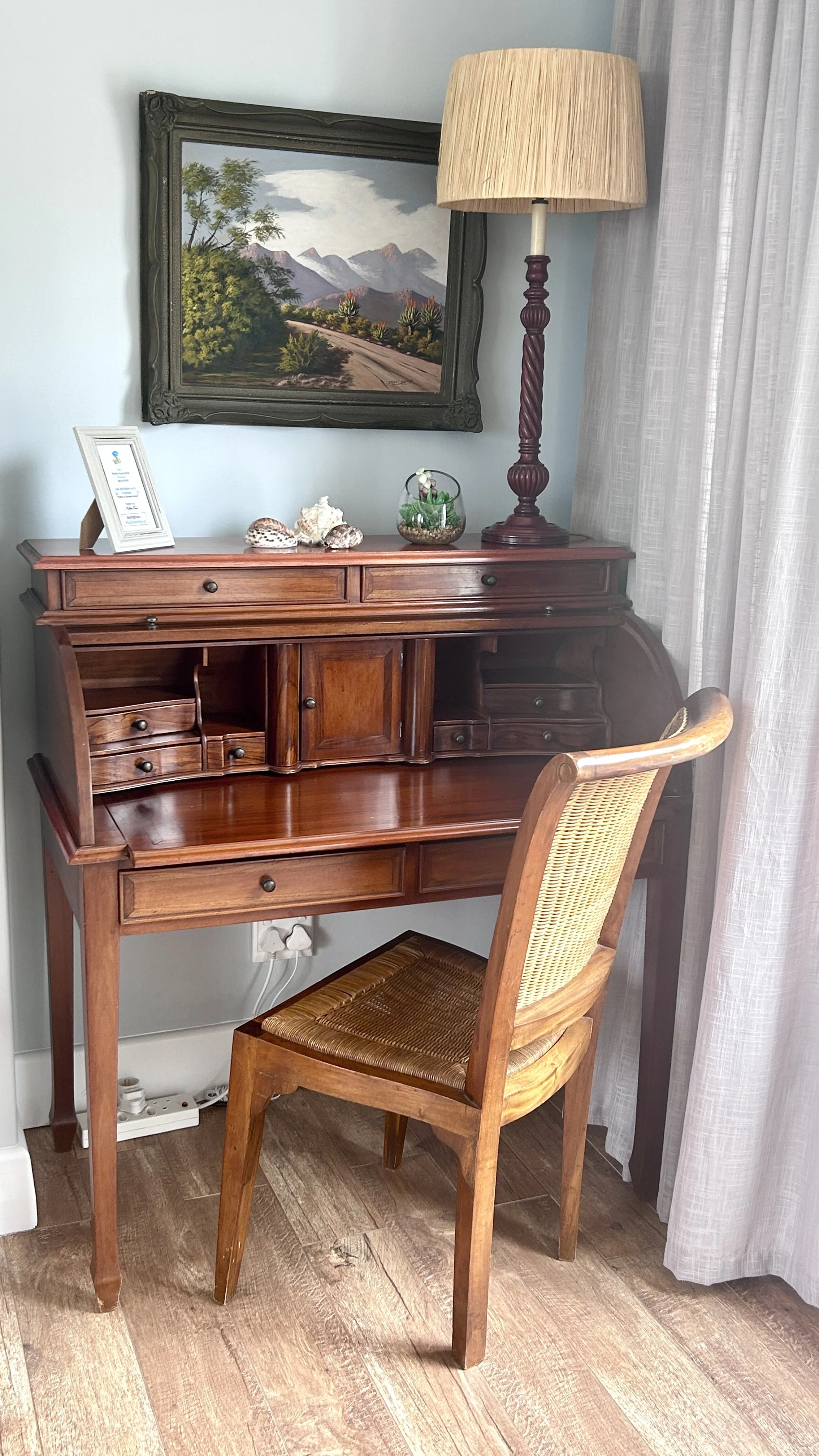 Dedicated work area at Misty Shores Cottage with stunning views of the Kogelberg mountains.