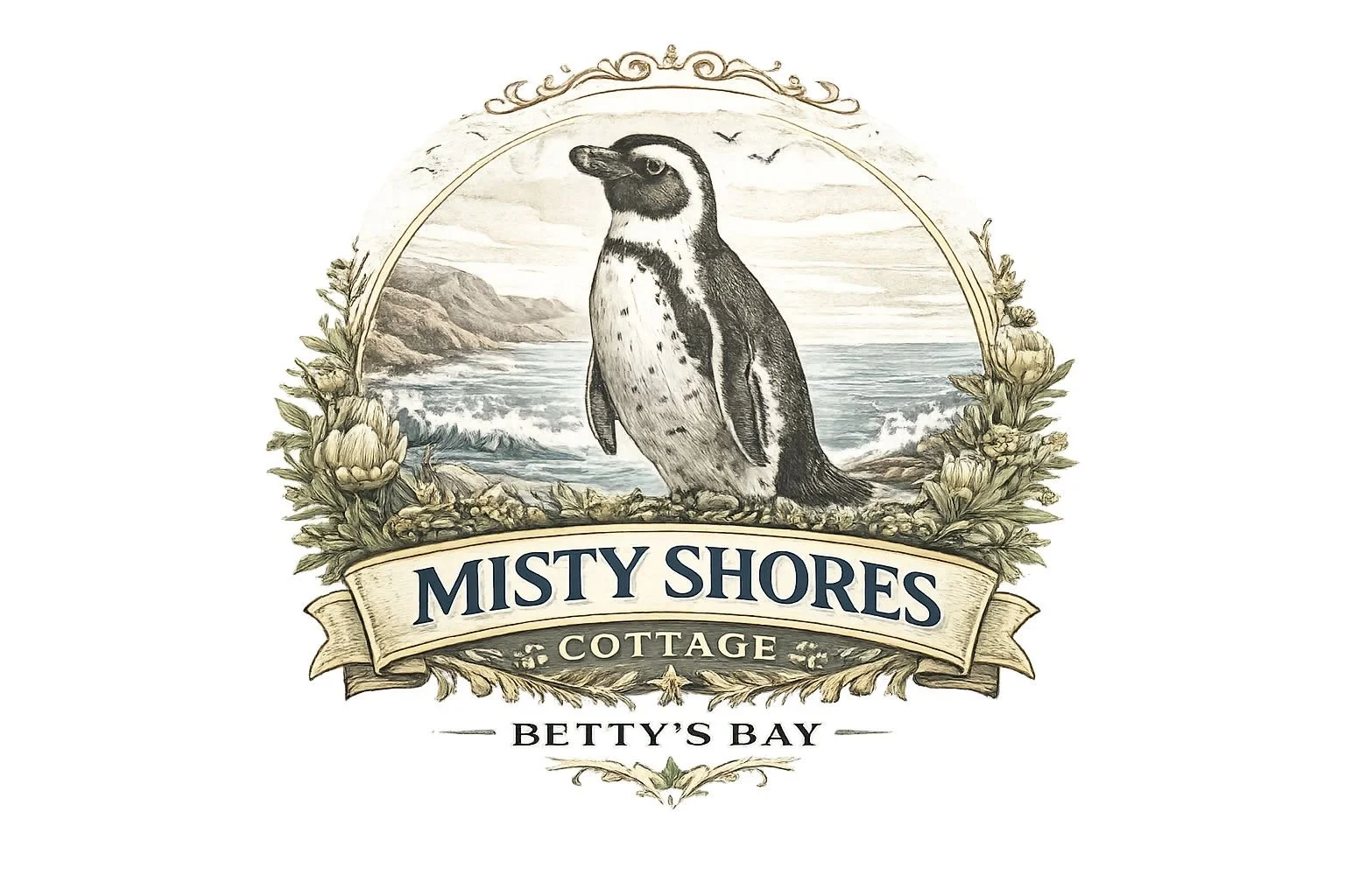 Vintage-style logo with a penguin standing on rocks near the sea, surrounded by foliage, with the text 'Misty Shores Cottage' and 'Betty's Bay'.