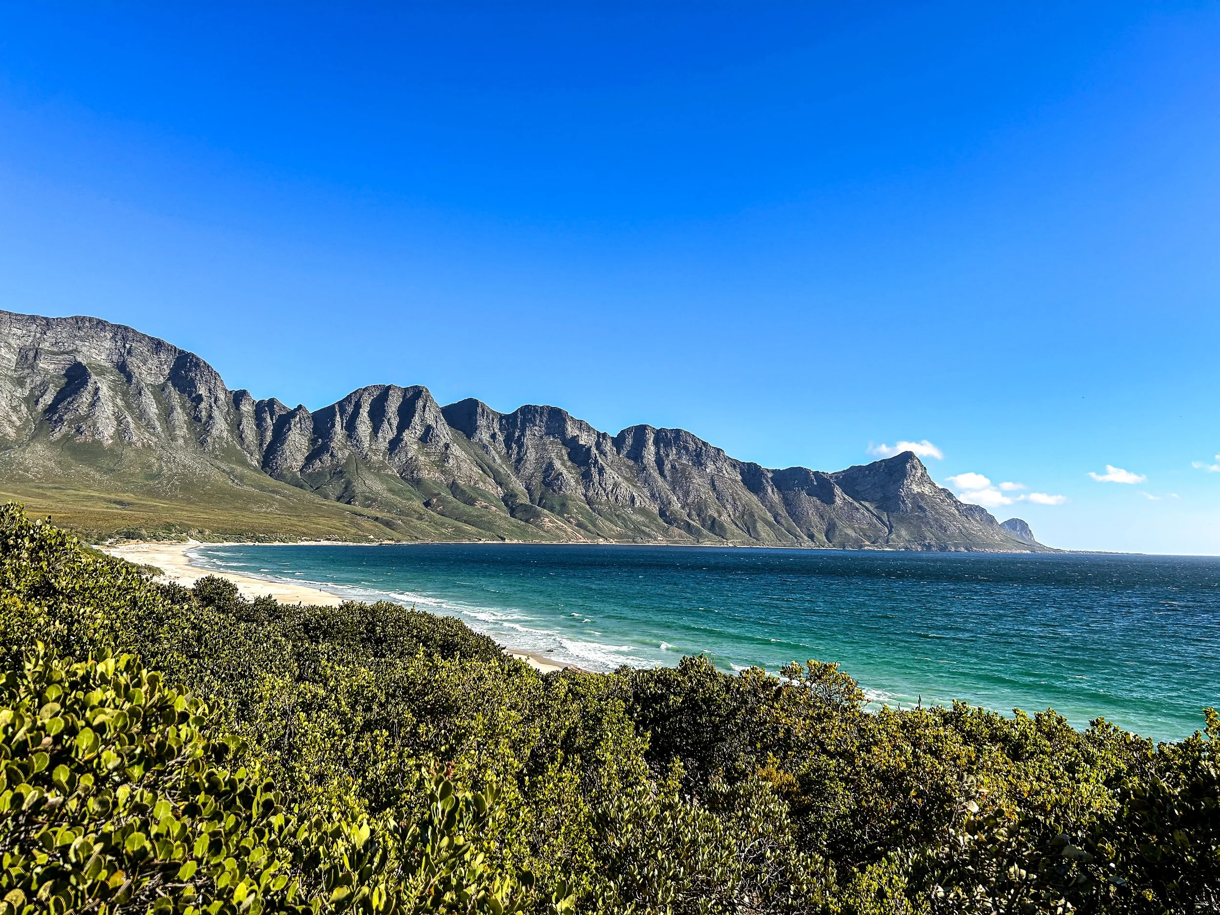 A scenic view of a coastline with lush green shrubs in the foreground, a sandy beach, and turquoise ocean waters stretching to rugged mountains under a bright blue sky.