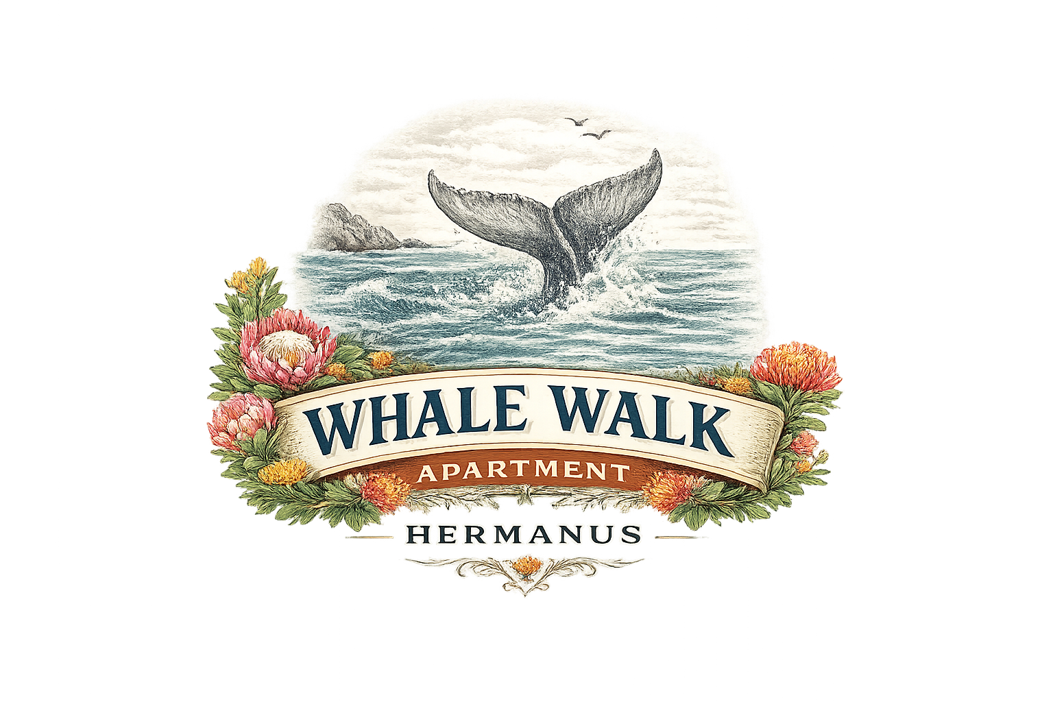 Illustration of a whale's tail coming out of the ocean, with rocky islands and birds flying in the sky in the background. Floral decorations surround a banner with the text 'Whale Walk' and the words 'Apartment Hermanus' below.