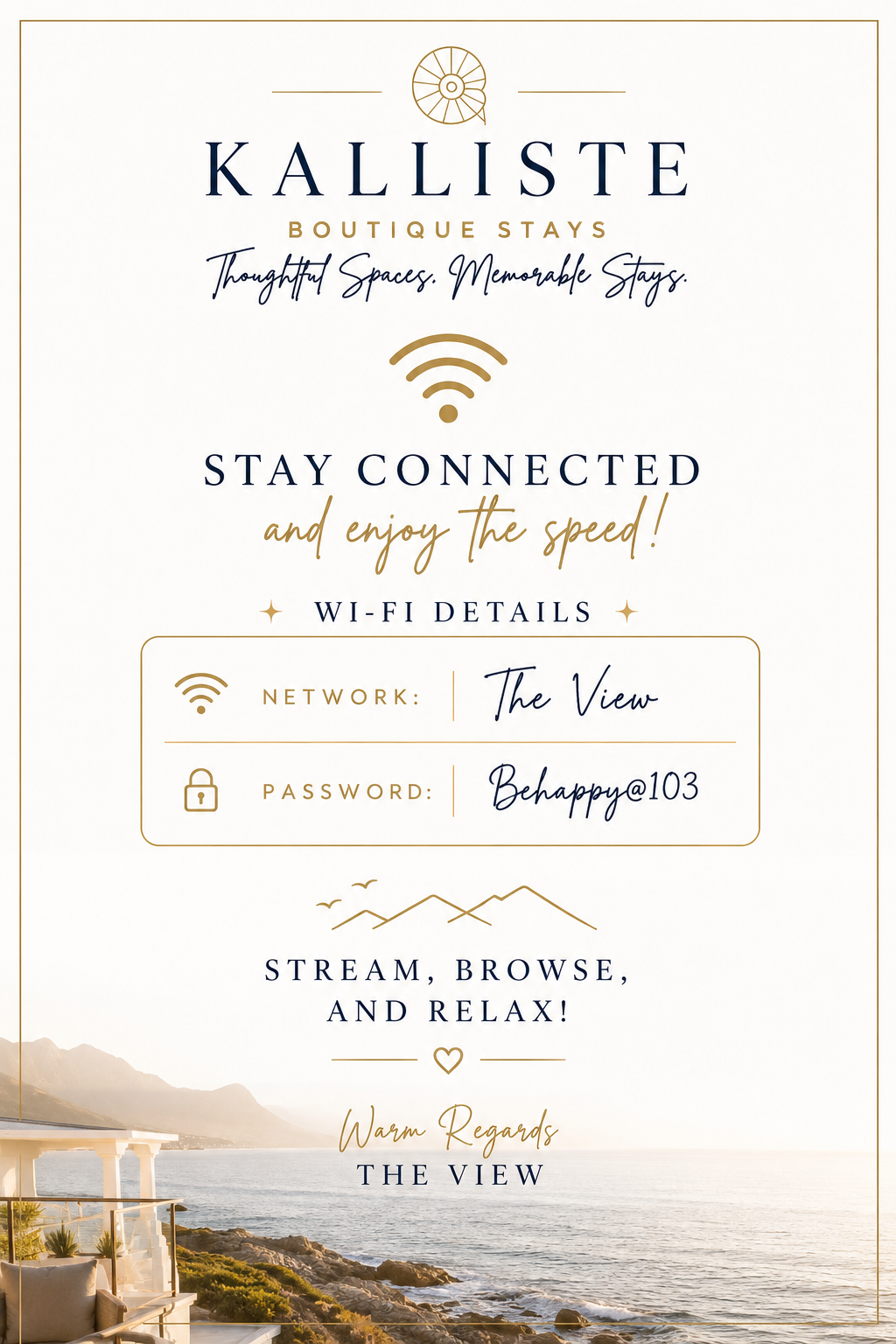 Sign for Kalliste Boutique Stays displaying Wi-Fi network name 'The View' and password 'Behappy@103', with a scenic coastal background and mountain illustration.