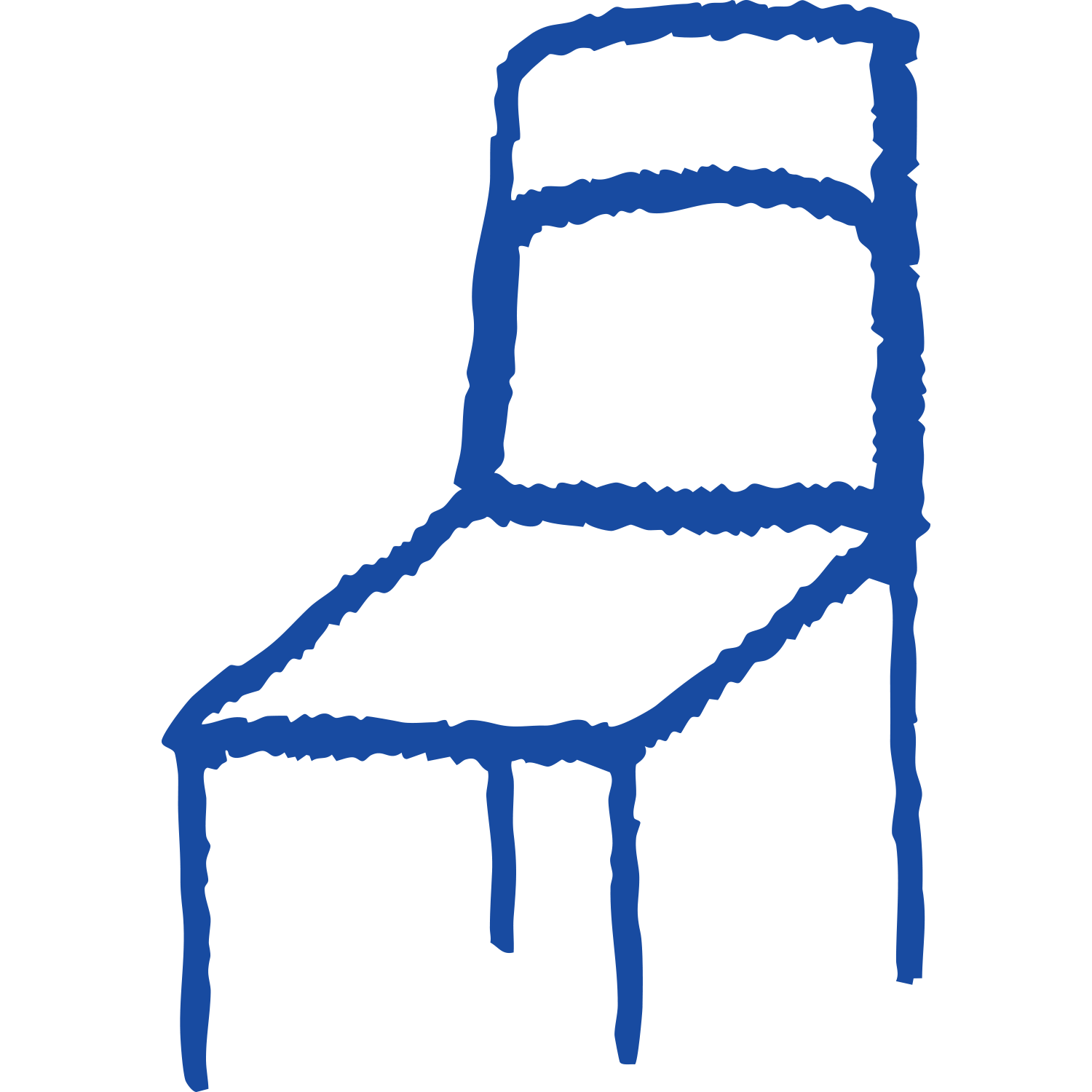Blue line drawing of a simple chair with a backrest, four legs, and a seat, against a black background.