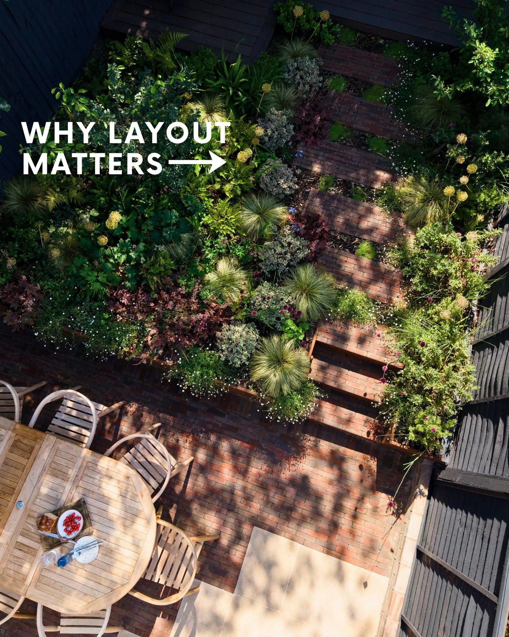 Before choosing a single plant, we shape the space around it.

This is Nunhead from start to finish: the 2D plan, design renders, and completed garden viewed from above. New planting beds, garden room, dining area, and decked seating area were all ma