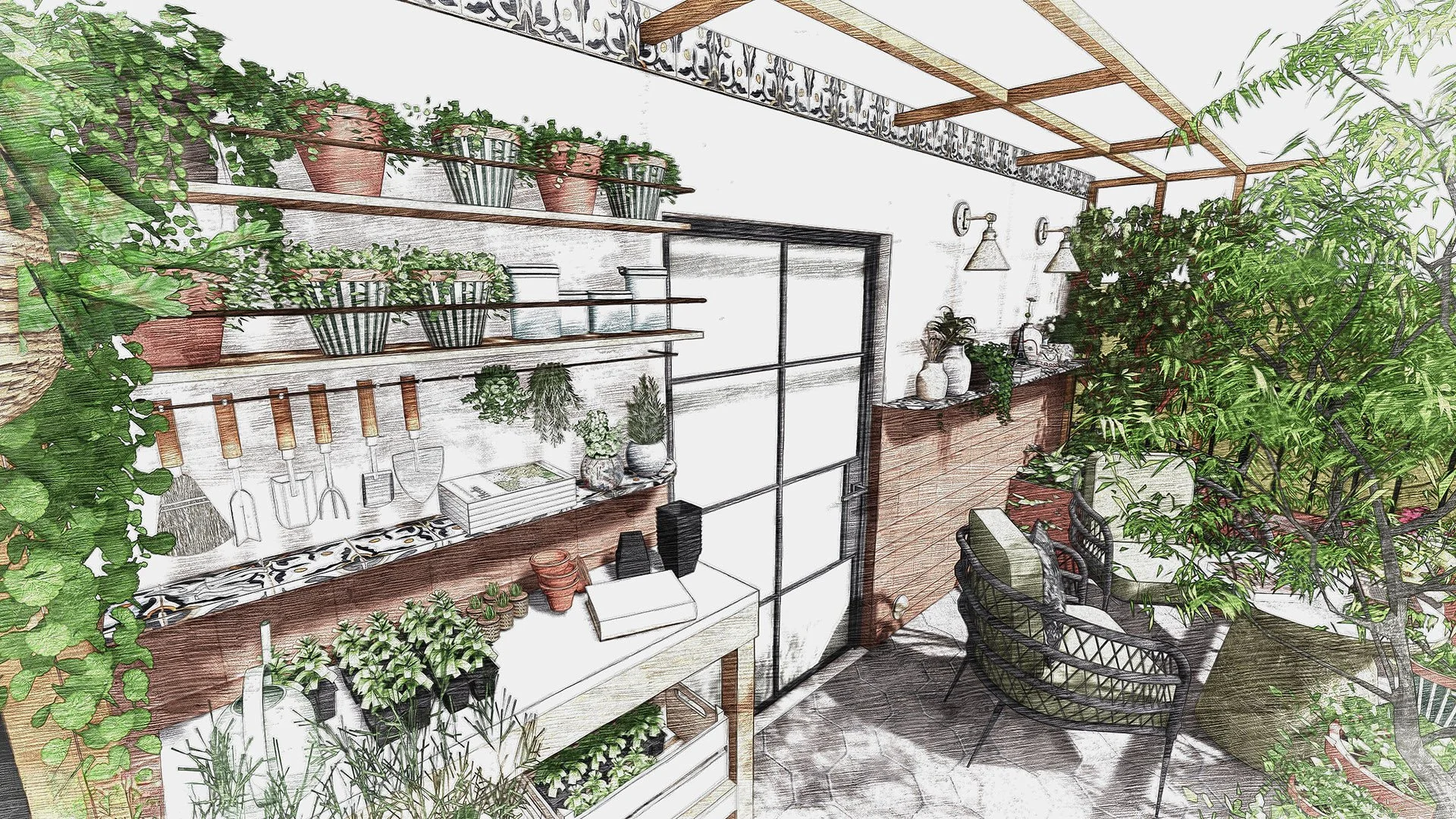 A balcony garden with wooden shelves and potted plants, a table with plants and a sculpture, along with modern chairs, greenery on the right, and decorative lighting fixtures.
