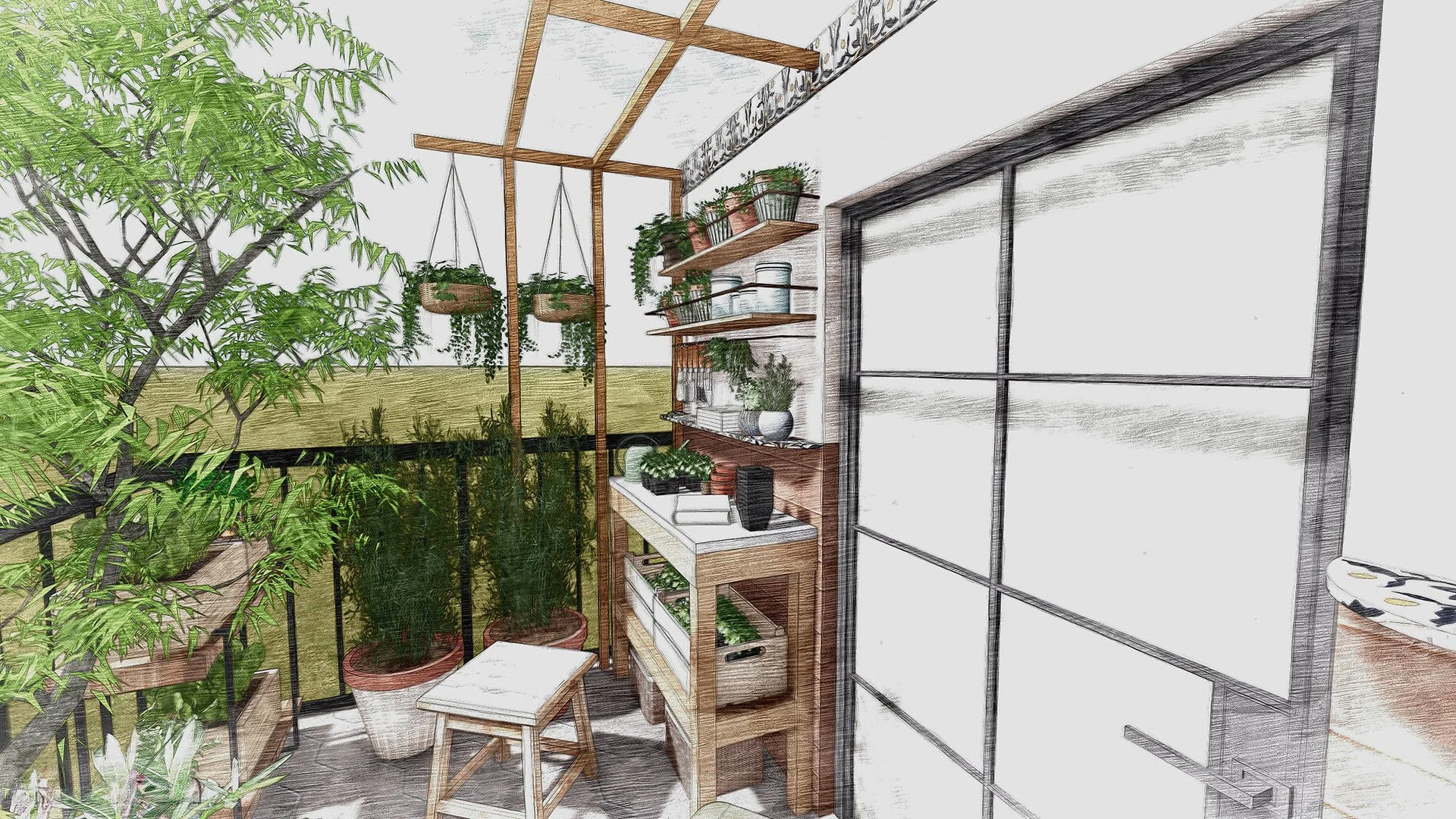 Balcony with potted plants, hanging baskets, wooden shelves, a small table, and a sliding glass door, overlooking a grassy yard.
