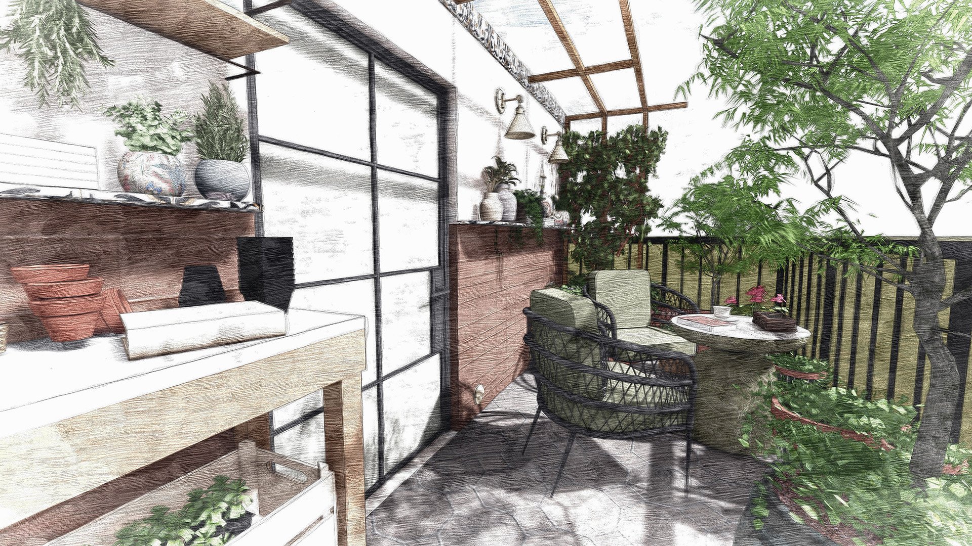 Balcony with outdoor seating, black chairs, round table with pink flowers, green plants, tree, and a railing. Glass door separates balcony from indoor space with a sideboard and potted plants.