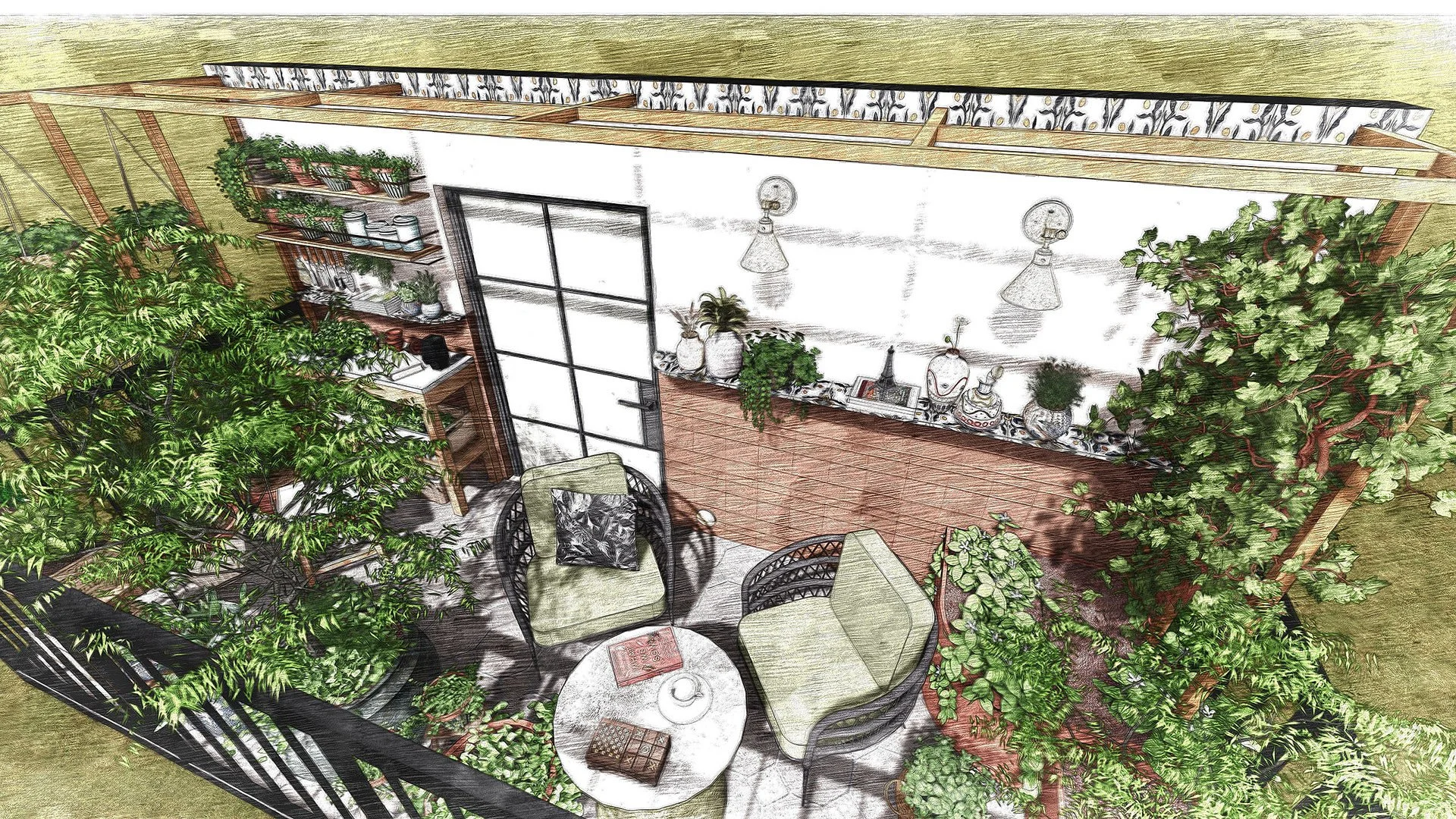 A cozy balcony with lush green plants, a white wall decorated with pottery, hanging lights, and a seating area with chairs, a small table, and decorative pillows.