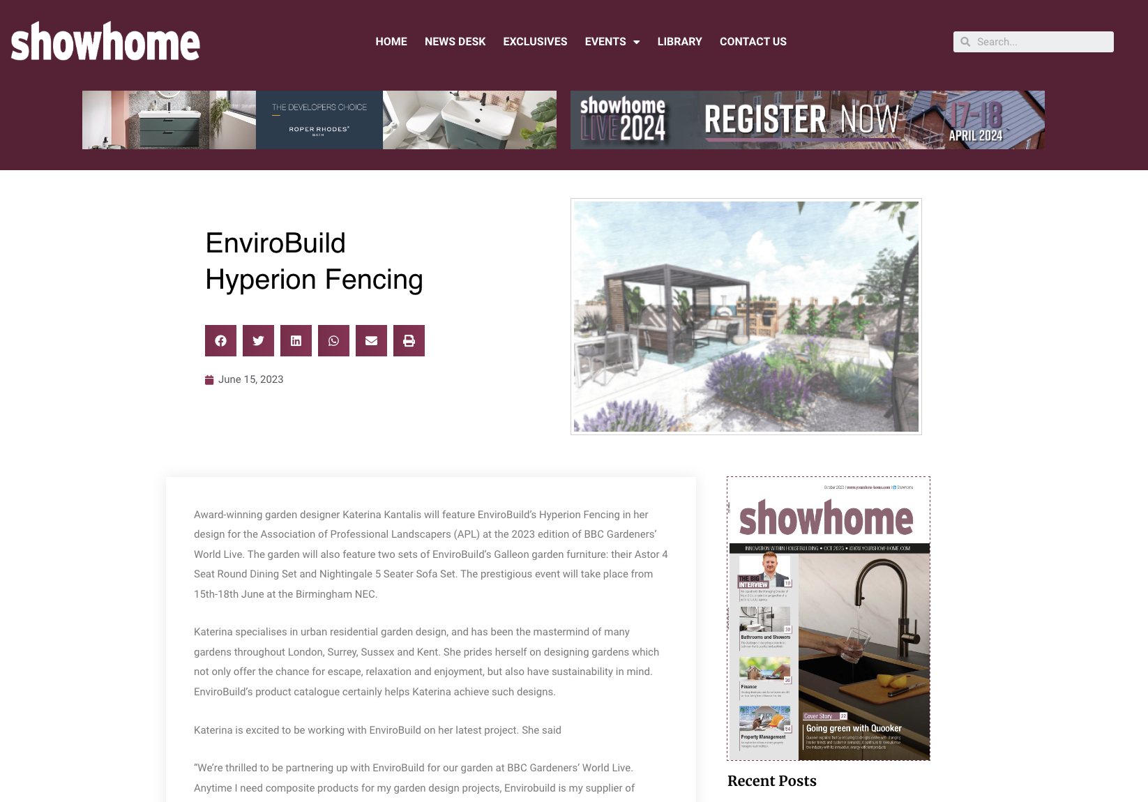 "EnviroBuild Hyperion Fencing" 	Showhome Magazine June 2023 - Katerina Kantalis London Garden Designer