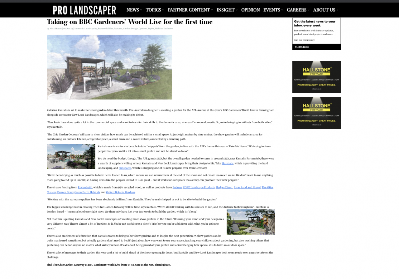 Pro Landscaper' June 2023, BBC Gardeners' World Live. Pro Landscaper magazine, July 2023 issue - Katerina Kantalis London Garden Designer