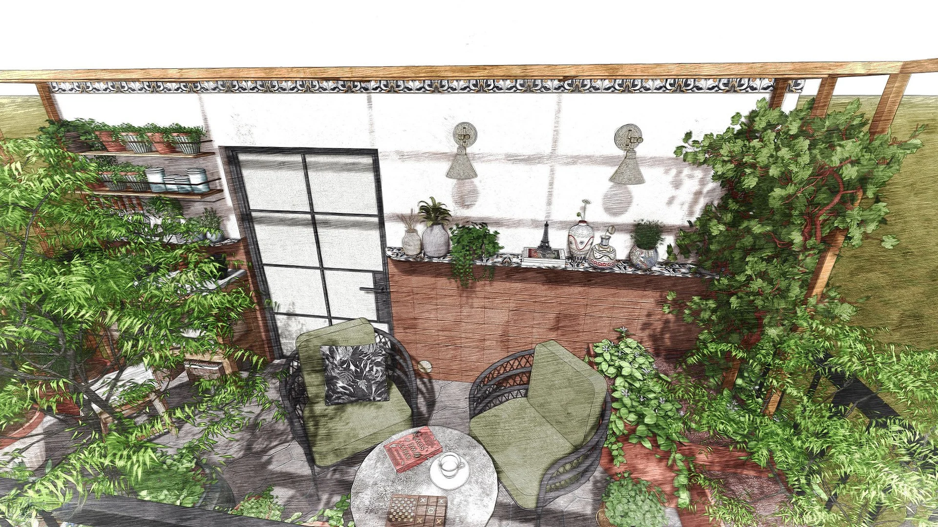 Outdoor patio area with green chairs, plants, and decorative items along a white wall with two wall-mounted lamps, greenery climbing on a trellis, and shelves with small pots and containers.