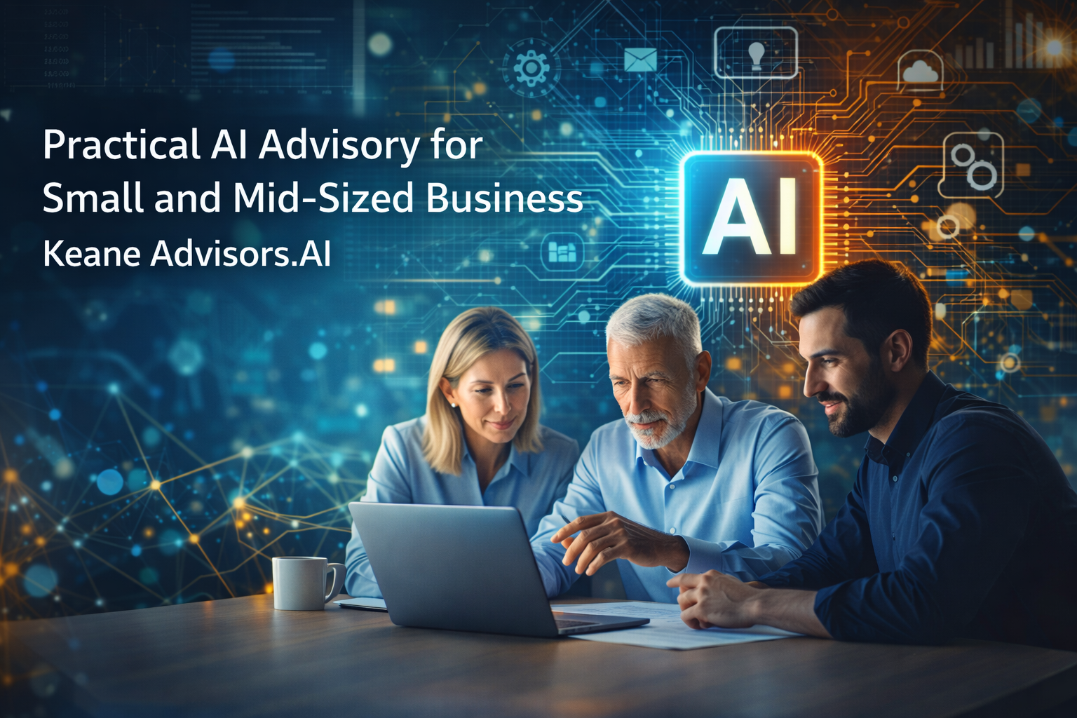 Three people sitting at a desk using a laptop, with a digital background featuring AI technology icons and text that reads 'Practical AI Advisory for Small and Mid-Sized Business Keane Advisors.AI'.