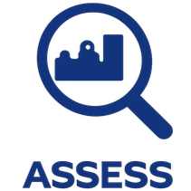 Magnifying glass with a bar chart and person icons inside, accompanied by the word 'ASSESS' underneath.