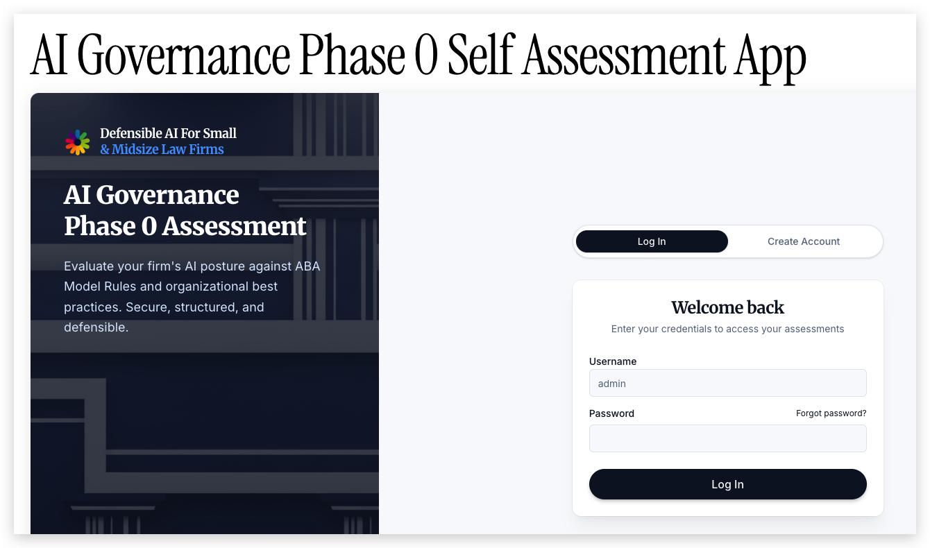 Login page for AI Governance Phase 0 Self Assessment App, featuring a welcome message, username and password fields, and a dark 'Log In' button, with a header about AI governance assessment.