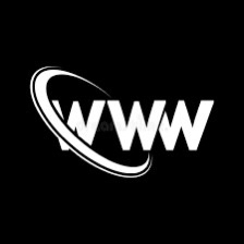 Logo with the letters 'WWW' and a curved line orbiting around them on a black background.