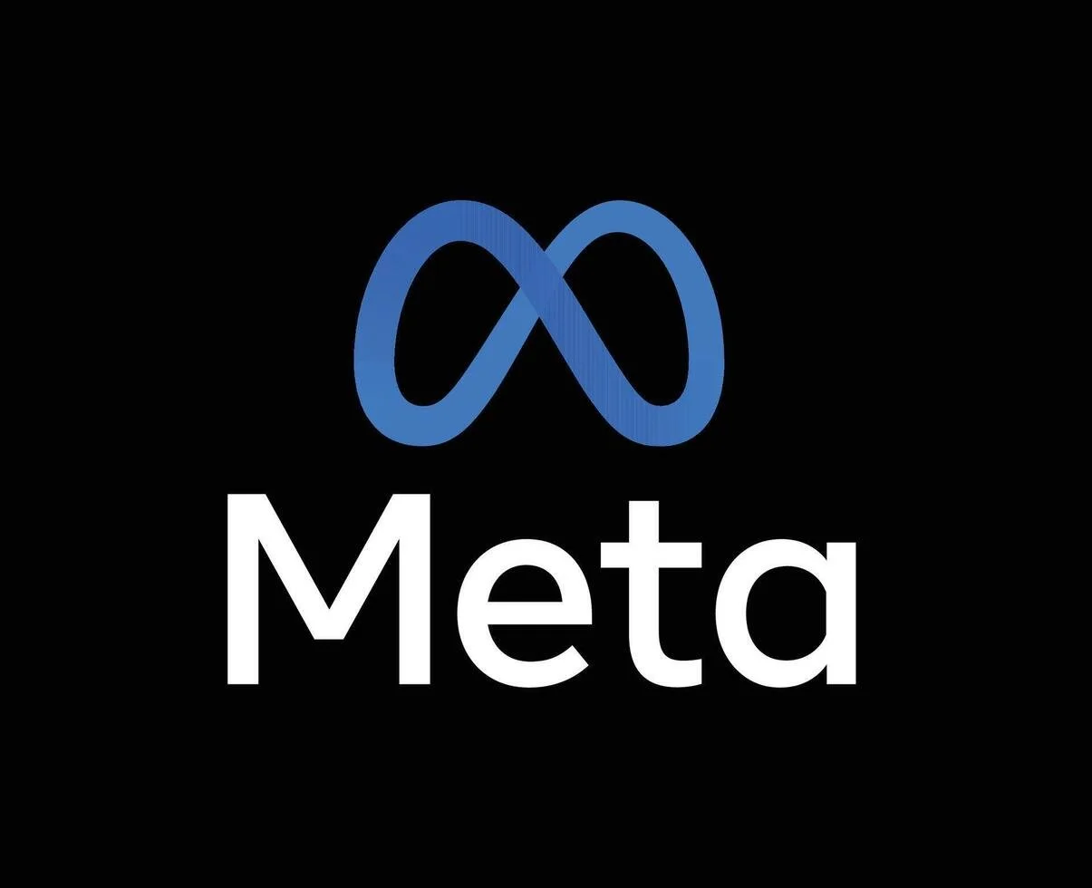 Meta logo with a blue infinity symbol above the word "Meta" on a black background.