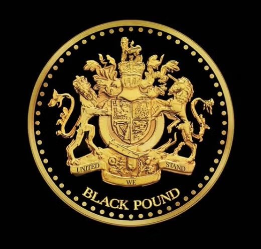 A gold coin featuring the UK coat of arms, with a lion and a unicorn supporting a shield, and labeled 'Black Pound' at the bottom.