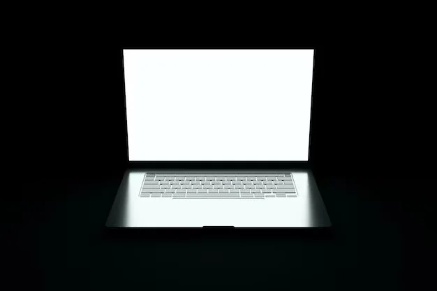 A glowing open laptop against a dark background.