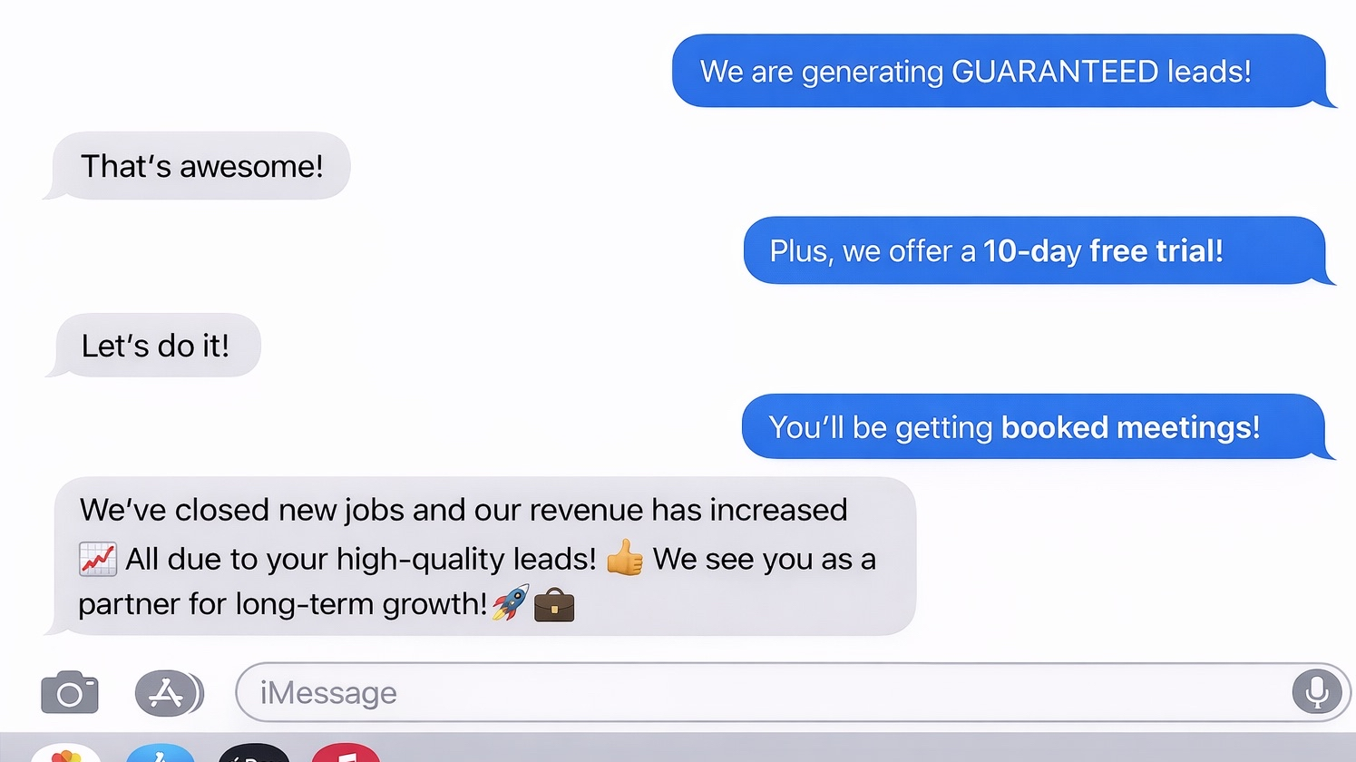 Screenshots of a conversation in a messaging app discussing lead generation, a free trial, booked meetings, and thanking for high-quality leads with emojis.