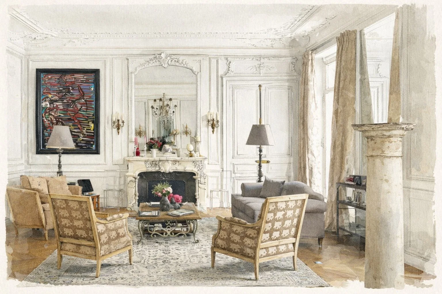 Elegant living room with ornate white walls, high ceiling, chandelier, large windows with gold curtains, vintage armchairs, sofa, decorative fireplace, abstract artwork, and a patterned rug.